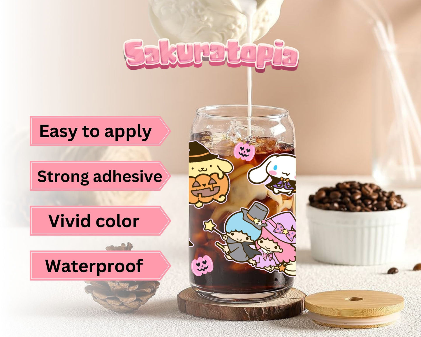 UVDTF Sanrio Anime Cup Wrap, Ready to Use Glass Cup UVDTF transfers for Glass Can | Ready to Apply UVDTF wraps for Libbey Glass