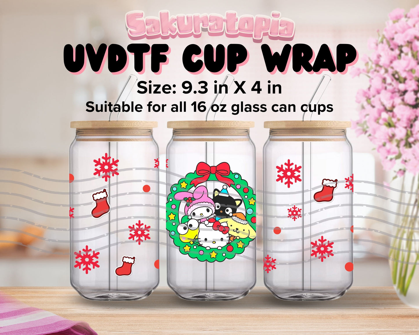 UVDTF Sanrio Anime Cup Wrap, Ready to Use Glass Cup UVDTF transfers for Glass Can | Ready to Apply UVDTF wraps for Libbey Glass