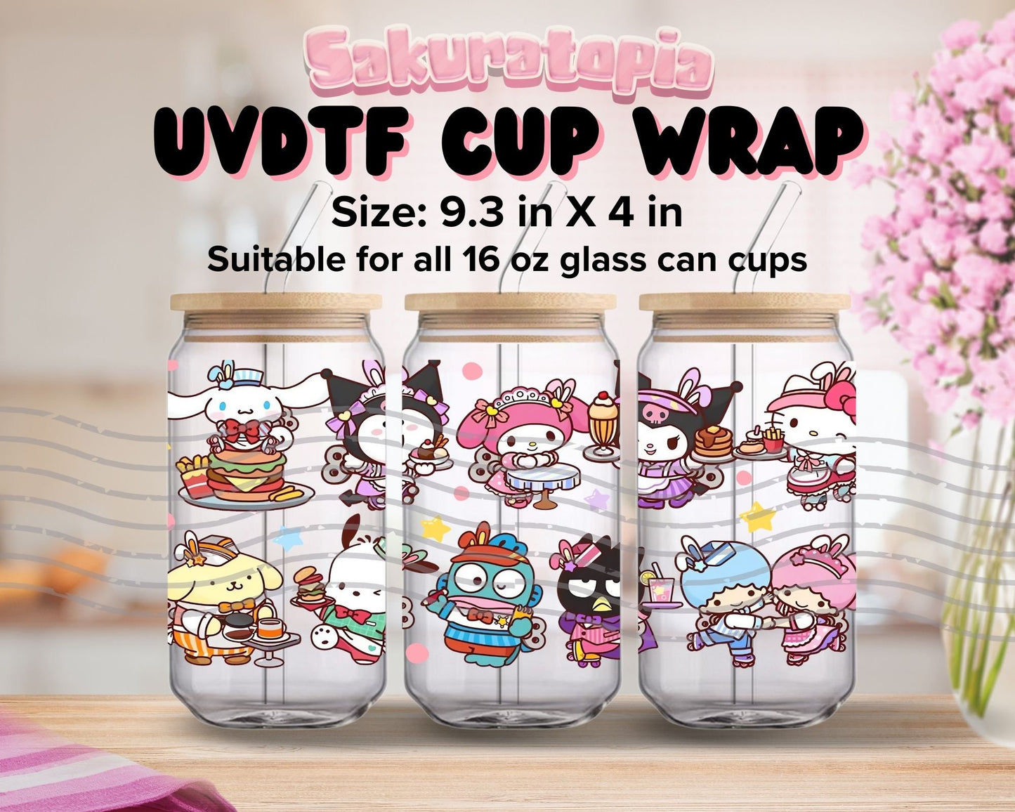 UVDTF Sanrio Anime Cup Wrap, Ready to Use Glass Cup UVDTF transfers for Glass Can | Ready to Apply UVDTF wraps for Libbey Glass