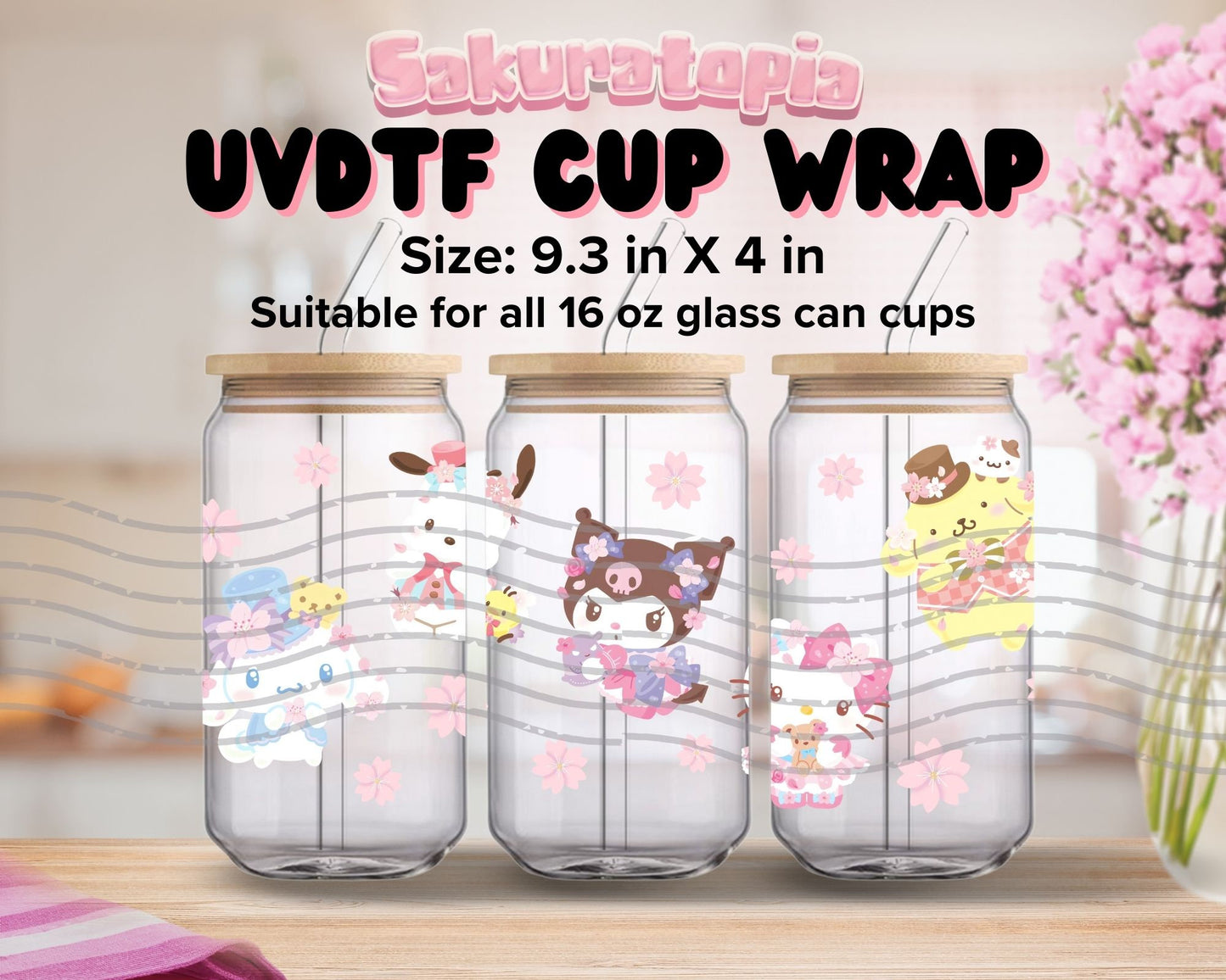 UVDTF Sanrio Anime Cup Wrap, Ready to Use Glass Cup UVDTF transfers for Glass Can | Ready to Apply UVDTF wraps for Libbey Glass