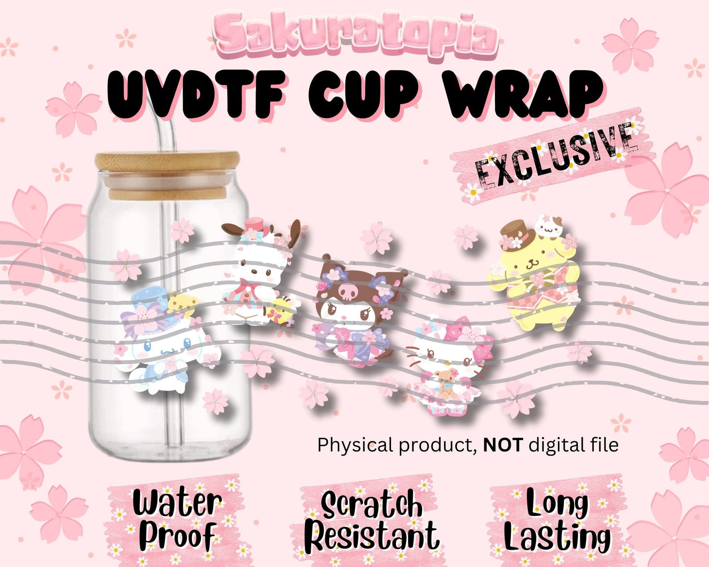 UVDTF Sanrio Anime Cup Wrap, Ready to Use Glass Cup UVDTF transfers for Glass Can | Ready to Apply UVDTF wraps for Libbey Glass