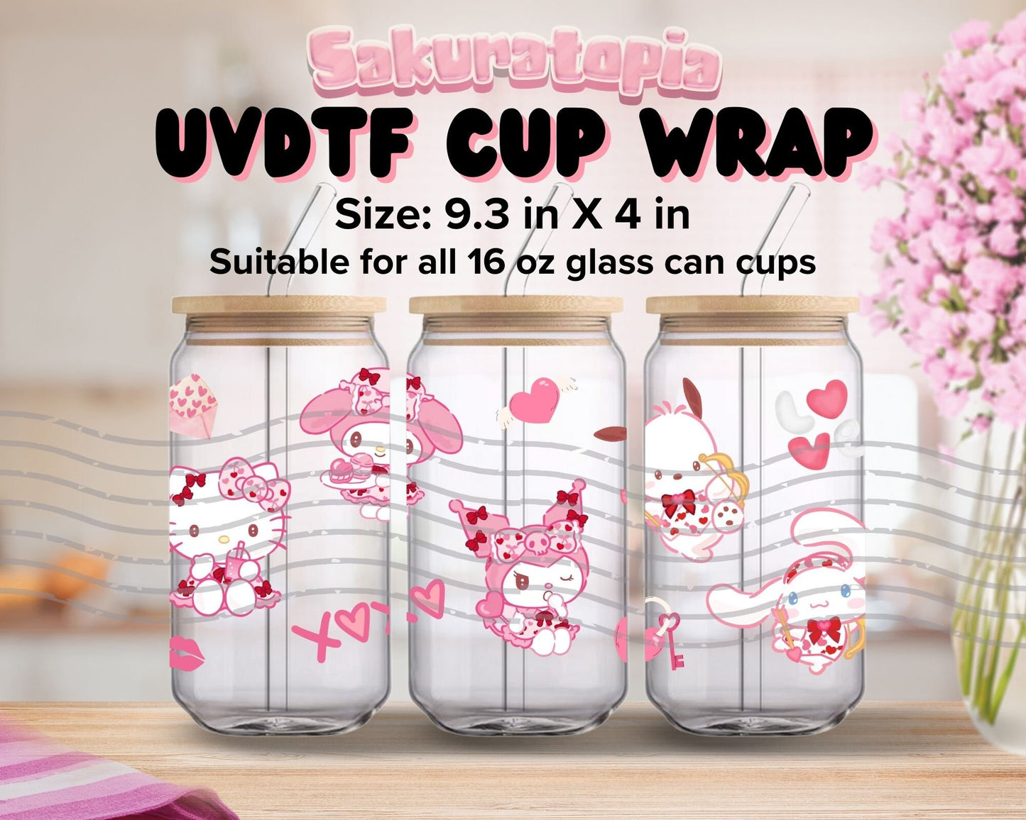 UVDTF Sanrio Valentine's Day Kawaii Cat Cup Wrap, Ready to use UVDTF for Glass Cup , Valentines Day Libbey glass wrap, Beer can glass 16oz wrap