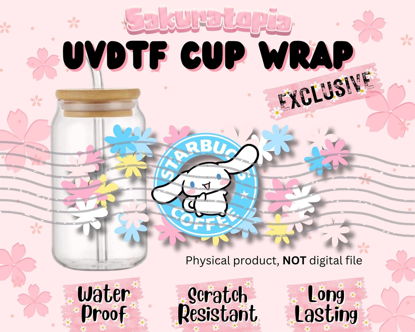 UVDTF Sanrio Anime Cup Wrap, Ready to Use Glass Cup UVDTF transfers for Glass Can | Ready to Apply UVDTF wraps for Libbey Glass