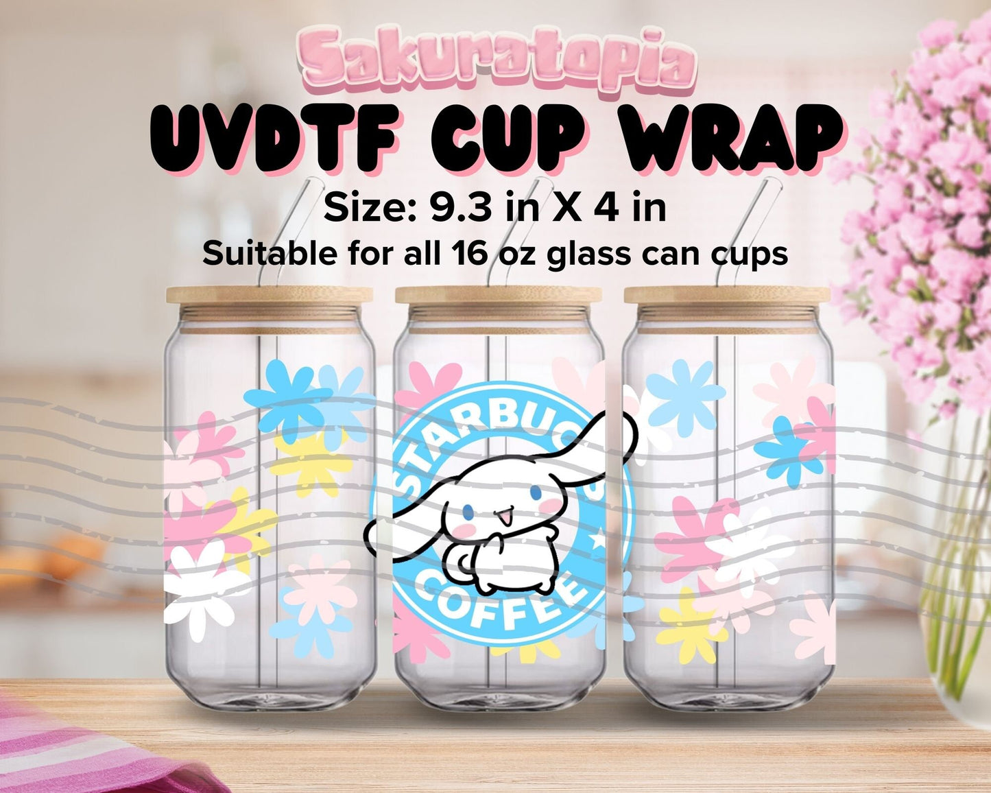 UVDTF Sanrio Anime Cup Wrap, Ready to Use Glass Cup UVDTF transfers for Glass Can | Ready to Apply UVDTF wraps for Libbey Glass