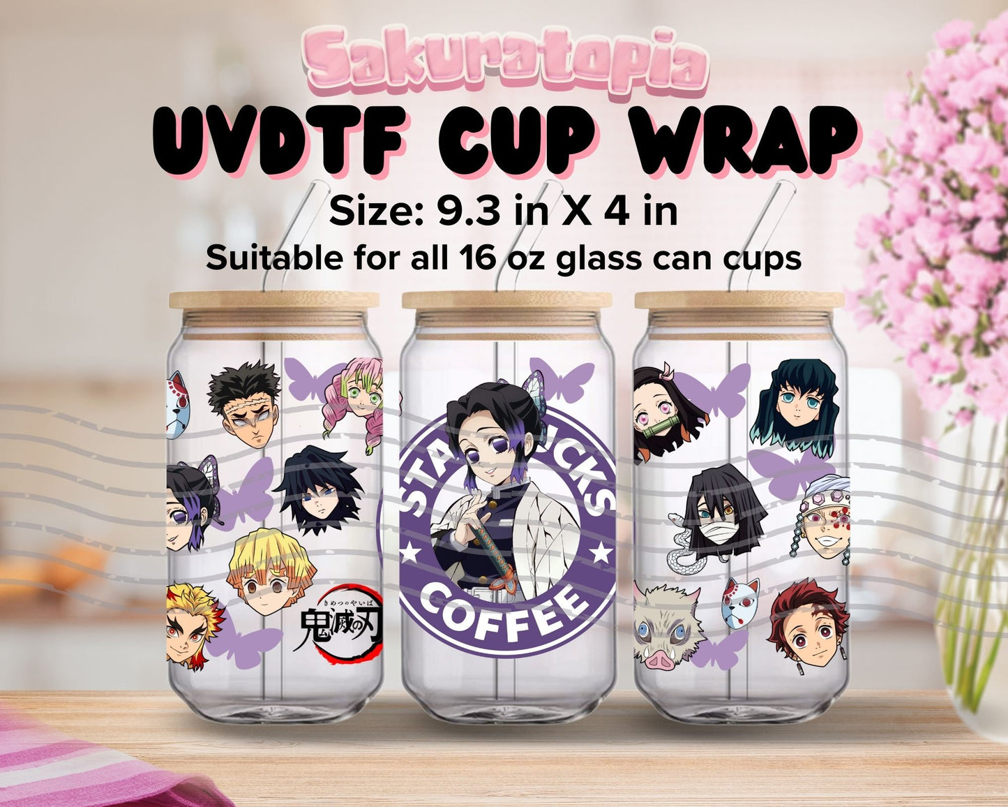 UVDTF Anime Cup Wrap, Ready to Use Glass Cup UVDTF transfers for Glass Can | Ready to Apply UVDTF wraps for Libbey Glass