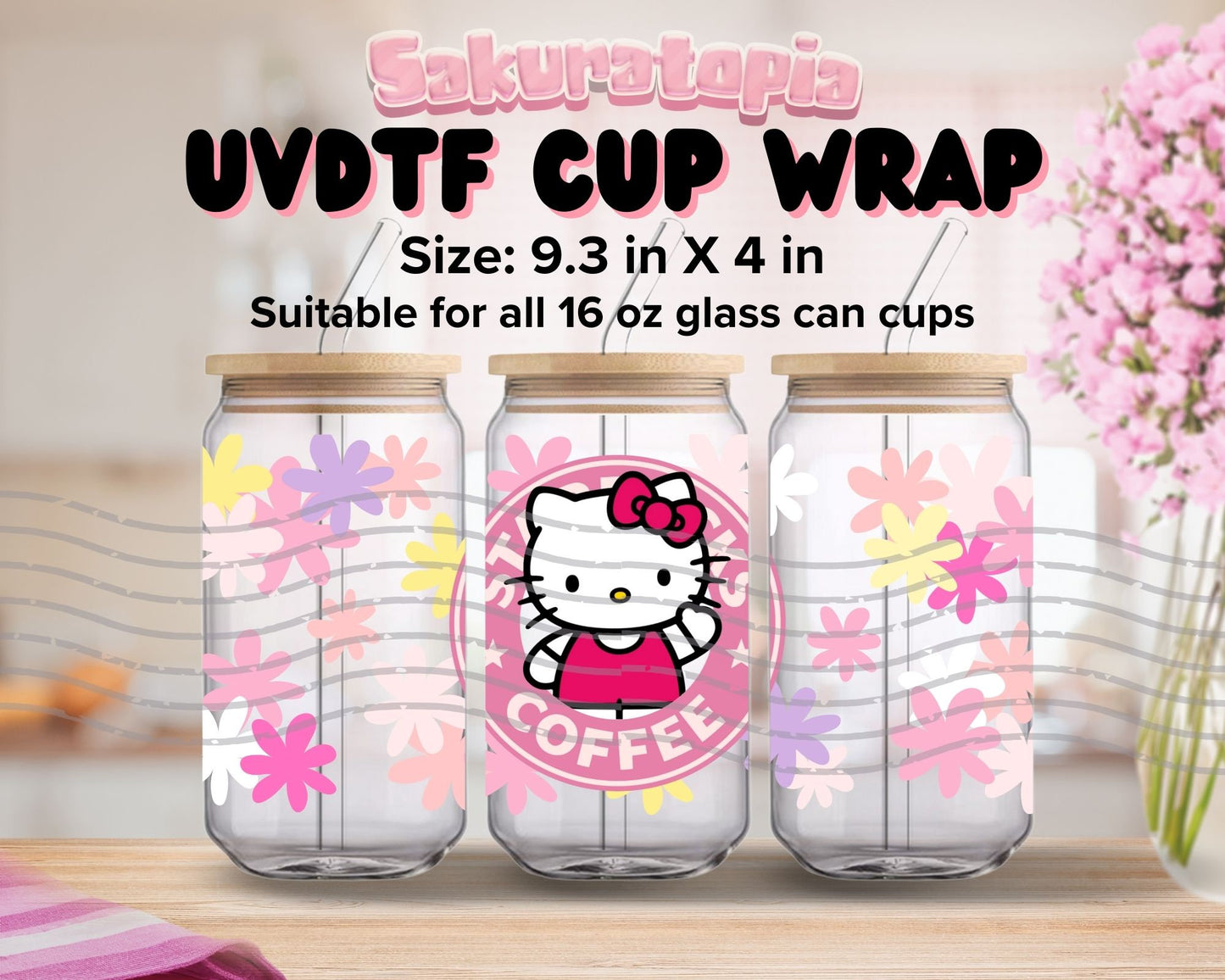 UVDTF Sanrio Anime Cup Wrap, Ready to Use Glass Cup UVDTF transfers for Glass Can | Ready to Apply UVDTF wraps for Libbey Glass