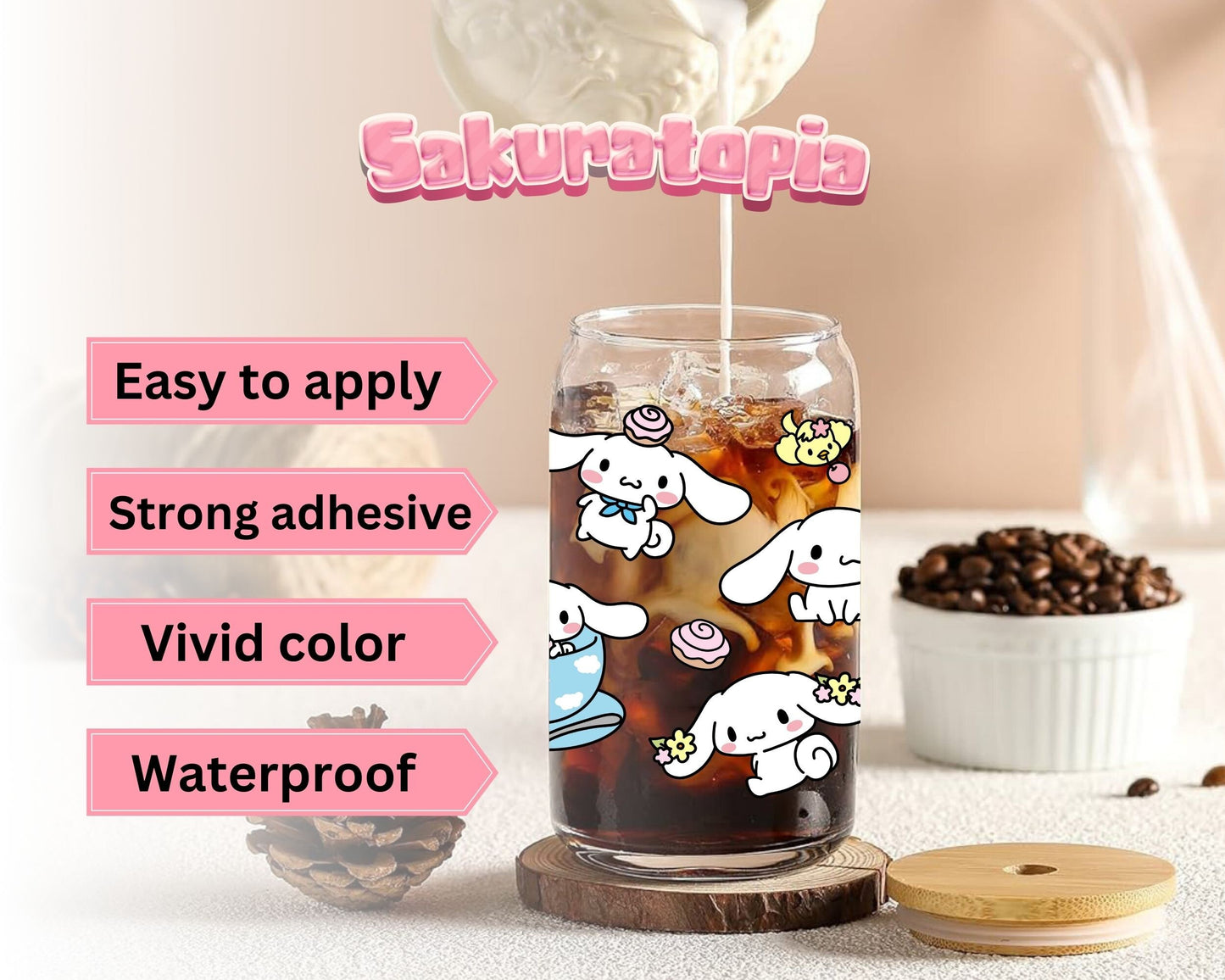 UVDTF Sanrio Anime Cup Wrap, Ready to Use Glass Cup UVDTF transfers for Glass Can | Ready to Apply UVDTF wraps for Libbey Glass
