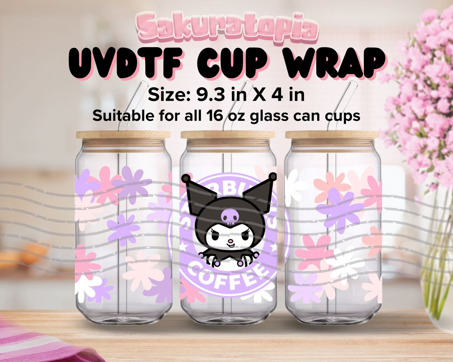UVDTF Sanrio Anime Cup Wrap, Ready to Use Glass Cup UVDTF transfers for Glass Can | Ready to Apply UVDTF wraps for Libbey Glass