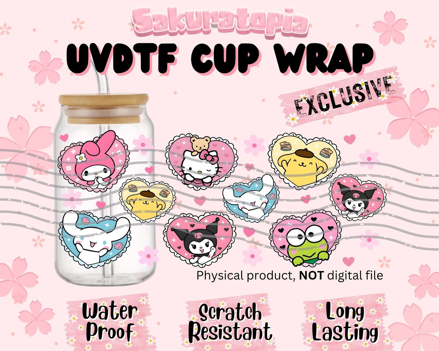 UVDTF Sanrio Anime Cup Wrap, Ready to Use Glass Cup UVDTF transfers for Glass Can | Ready to Apply UVDTF wraps for Libbey Glass