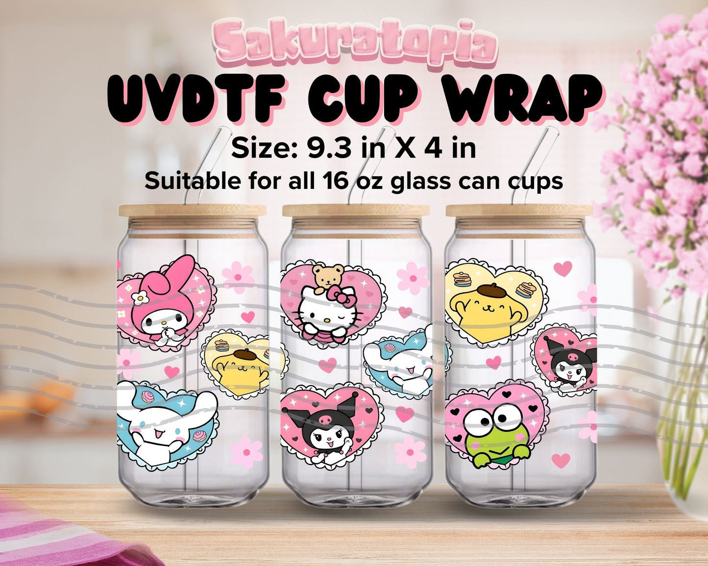 UVDTF Sanrio Anime Cup Wrap, Ready to Use Glass Cup UVDTF transfers for Glass Can | Ready to Apply UVDTF wraps for Libbey Glass