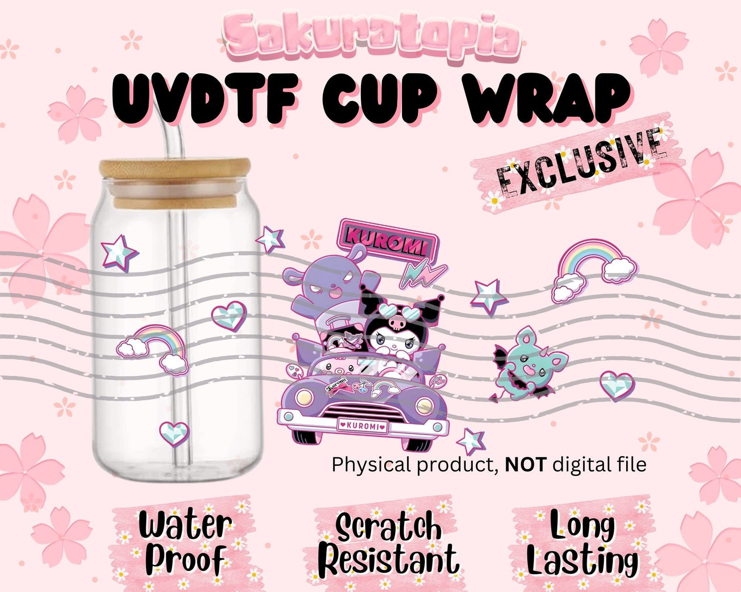 UVDTF Sanrio Anime Cup Wrap, Ready to Use Glass Cup UVDTF transfers for Glass Can | Ready to Apply UVDTF wraps for Libbey Glass