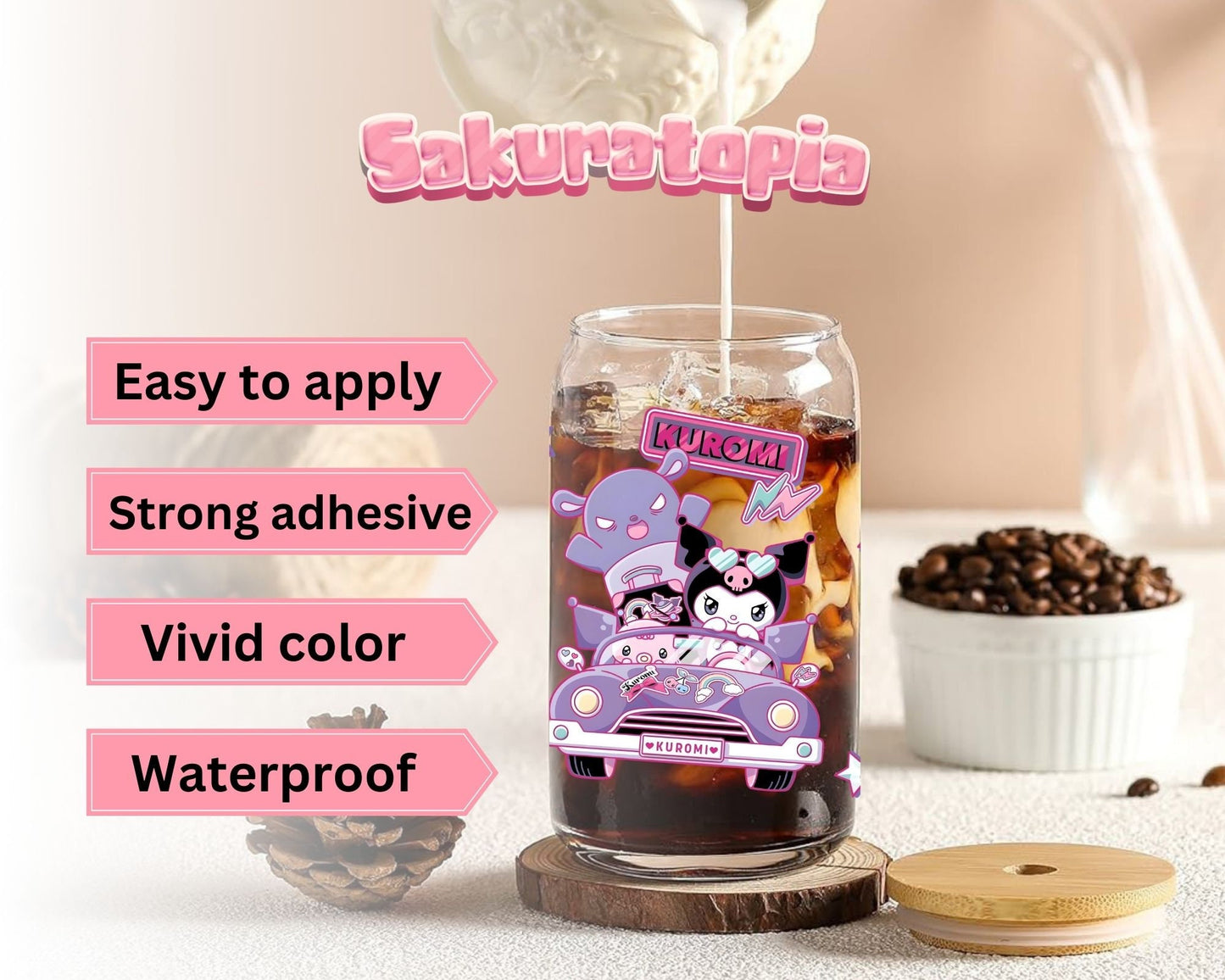 UVDTF Sanrio Anime Cup Wrap, Ready to Use Glass Cup UVDTF transfers for Glass Can | Ready to Apply UVDTF wraps for Libbey Glass