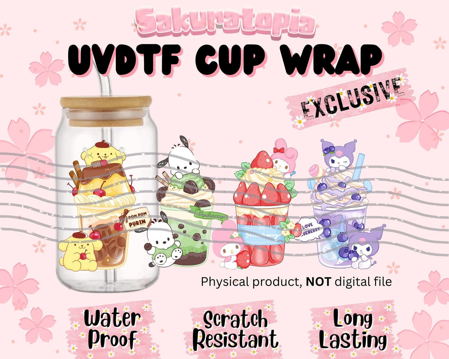 UVDTF Sanrio Anime Cup Wrap, Ready to Use Glass Cup Wrap for Glass Can | Ready to Apply UVDTF, UVDTF Transfers