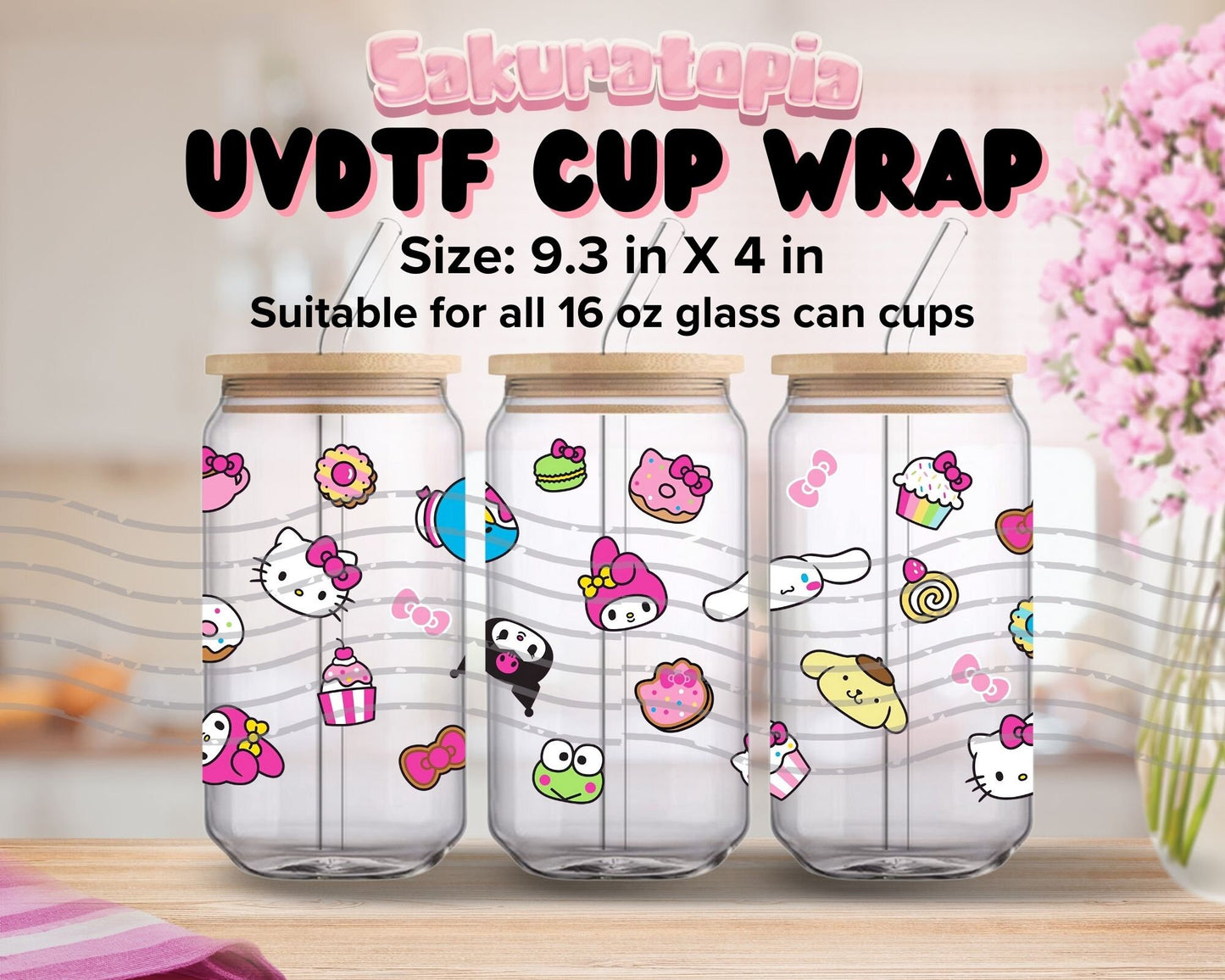 UVDTF Sanrio Anime Cup Wrap, Ready to Use Glass Cup UVDTF transfers for Glass Can | Ready to Apply UVDTF wraps for Libbey Glass