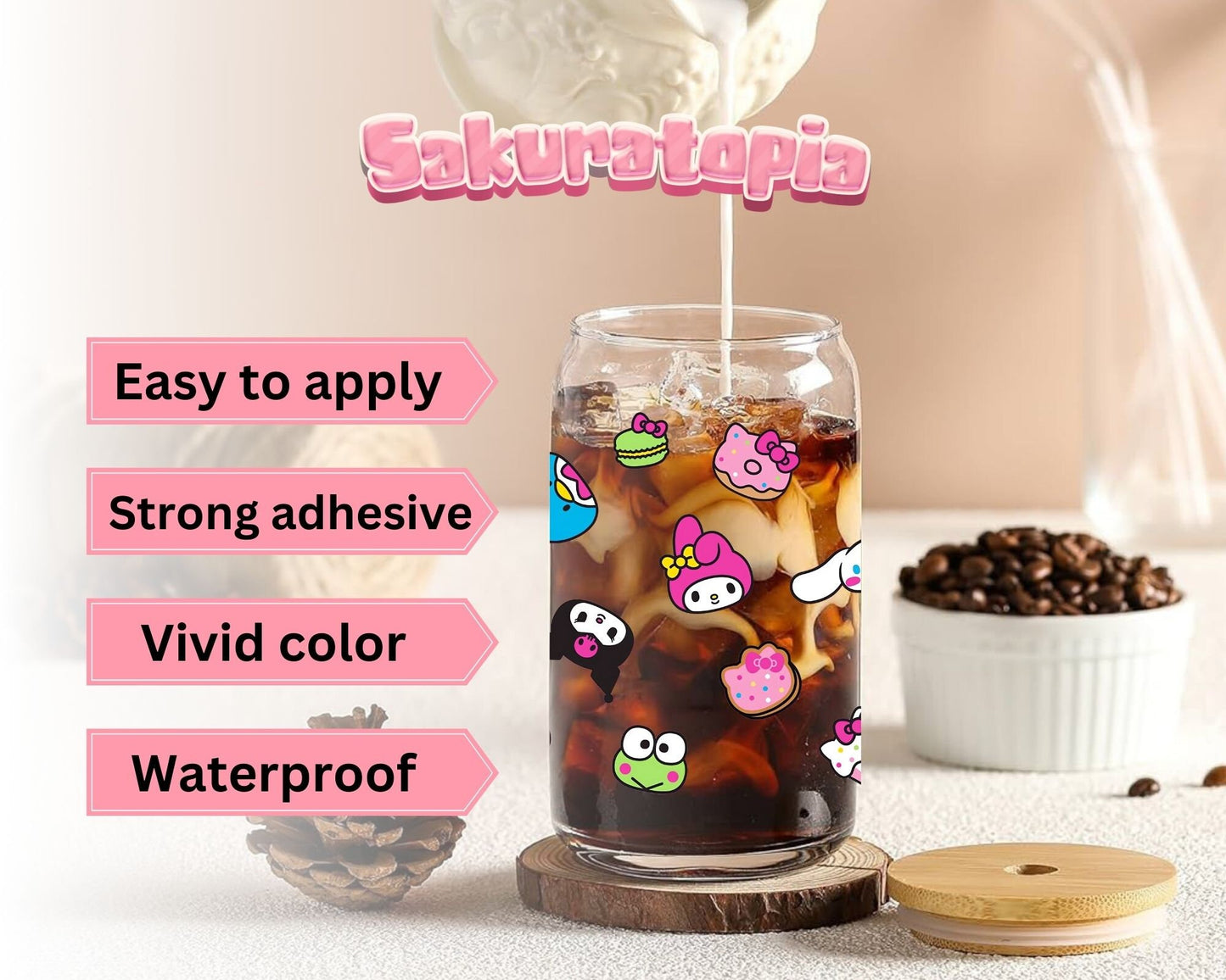 UVDTF Sanrio Anime Cup Wrap, Ready to Use Glass Cup UVDTF transfers for Glass Can | Ready to Apply UVDTF wraps for Libbey Glass