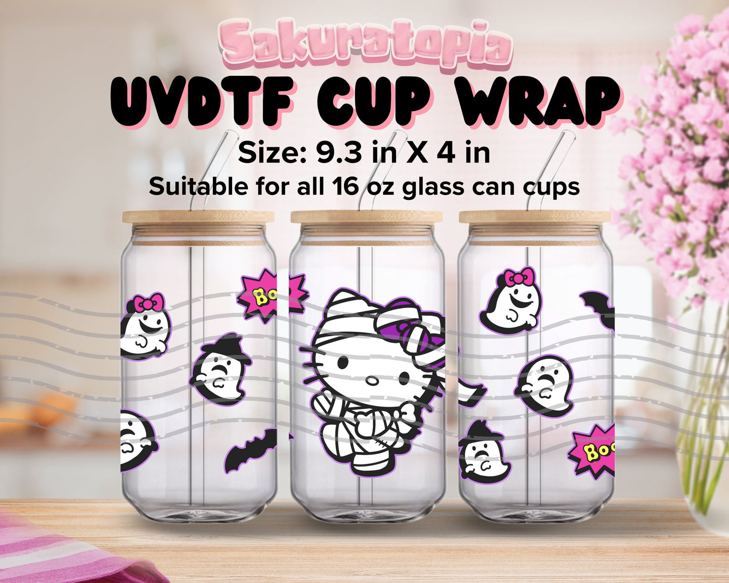 UVDTF Sanrio Anime Cup Wrap, Ready to Use Glass Cup UVDTF transfers for Glass Can | Ready to Apply UVDTF wraps for Libbey Glass