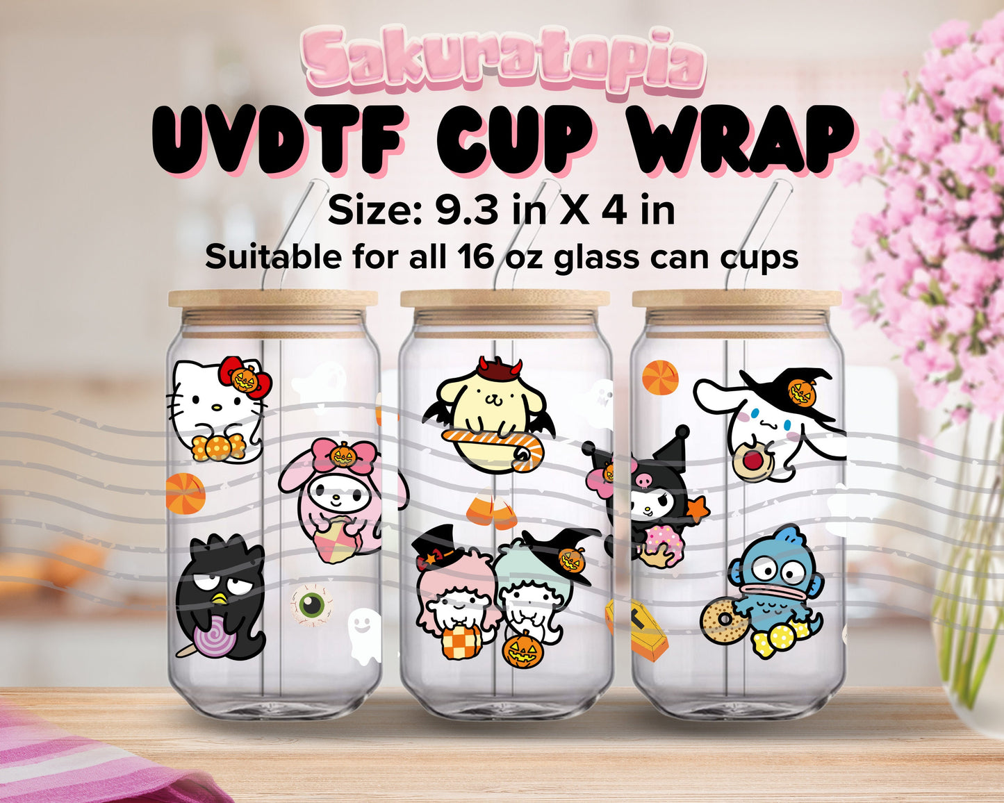 UVDTF Sanrio Anime Cup Wrap, Ready to Use Glass Cup UVDTF transfers for Glass Can | Ready to Apply UVDTF wraps for Libbey Glass