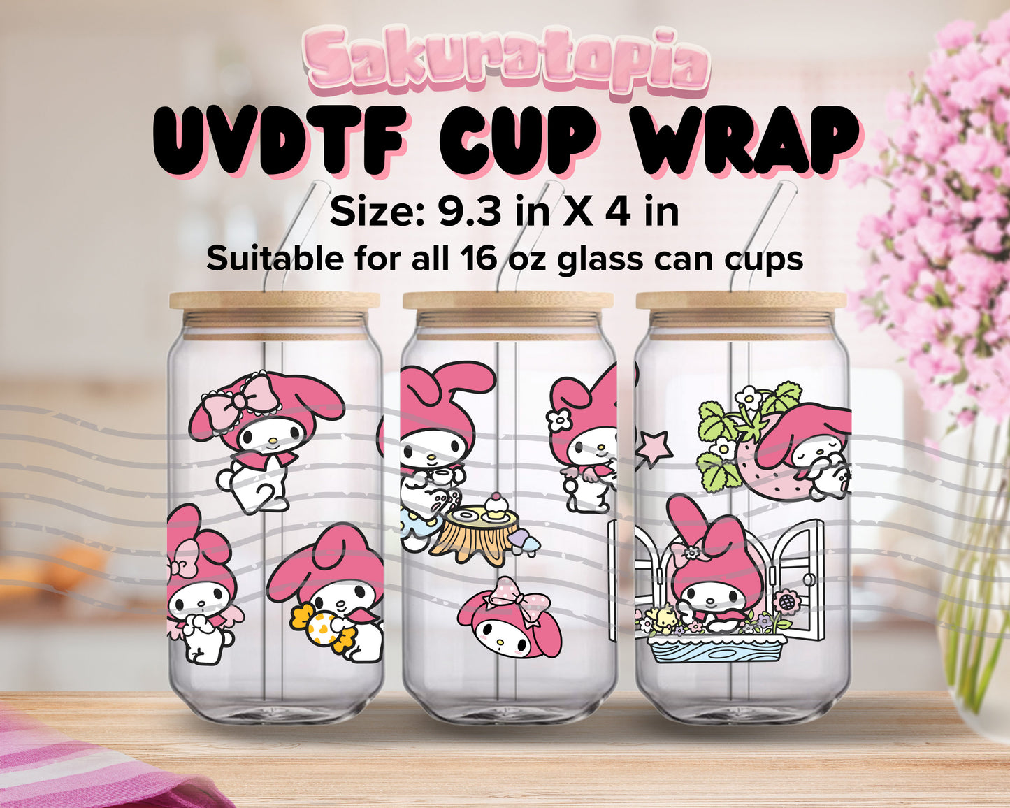 UVDTF Sanrio Anime Cup Wrap, Ready to Use Glass Cup UVDTF transfers for Glass Can | Ready to Apply UVDTF wraps for Libbey Glass