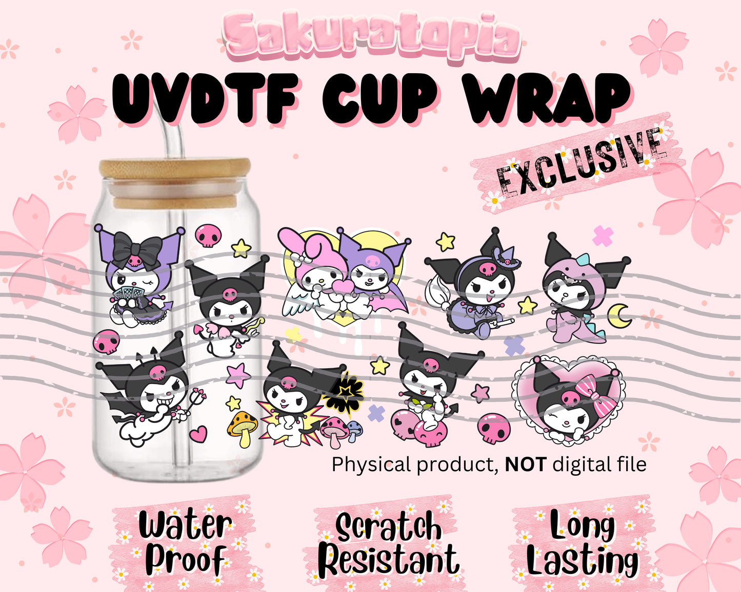 UVDTF Sanrio Anime Cup Wrap, Ready to Use Glass Cup UVDTF transfers for Glass Can | Ready to Apply UVDTF wraps for Libbey Glass