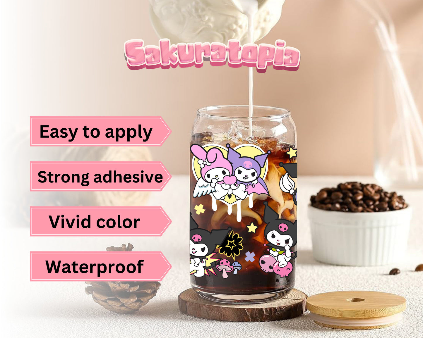 UVDTF Sanrio Anime Cup Wrap, Ready to Use Glass Cup UVDTF transfers for Glass Can | Ready to Apply UVDTF wraps for Libbey Glass