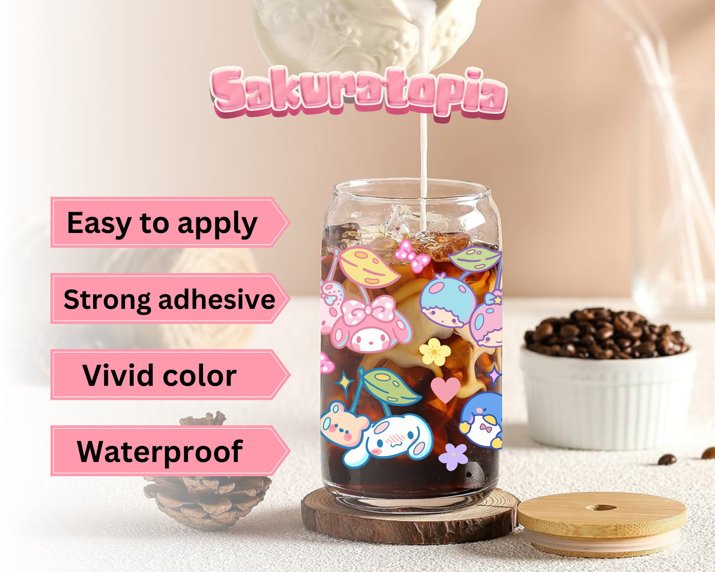 UVDTF Sanrio Anime Cup Wrap, Ready to Use Glass Cup UVDTF transfers for Glass Can | Ready to Apply UVDTF wraps for Libbey Glass