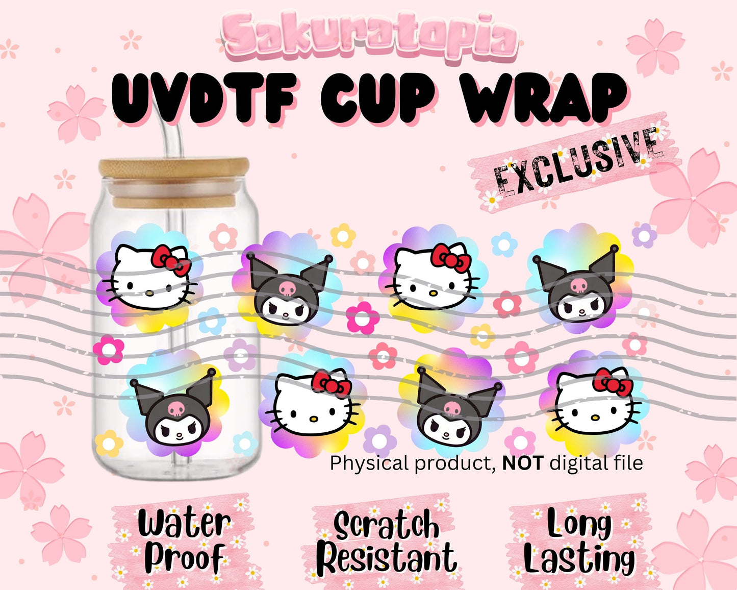 UVDTF Sanrio Anime Cup Wrap, Ready to Use Glass Cup UVDTF transfers for Glass Can | Ready to Apply UVDTF wraps for Libbey Glass
