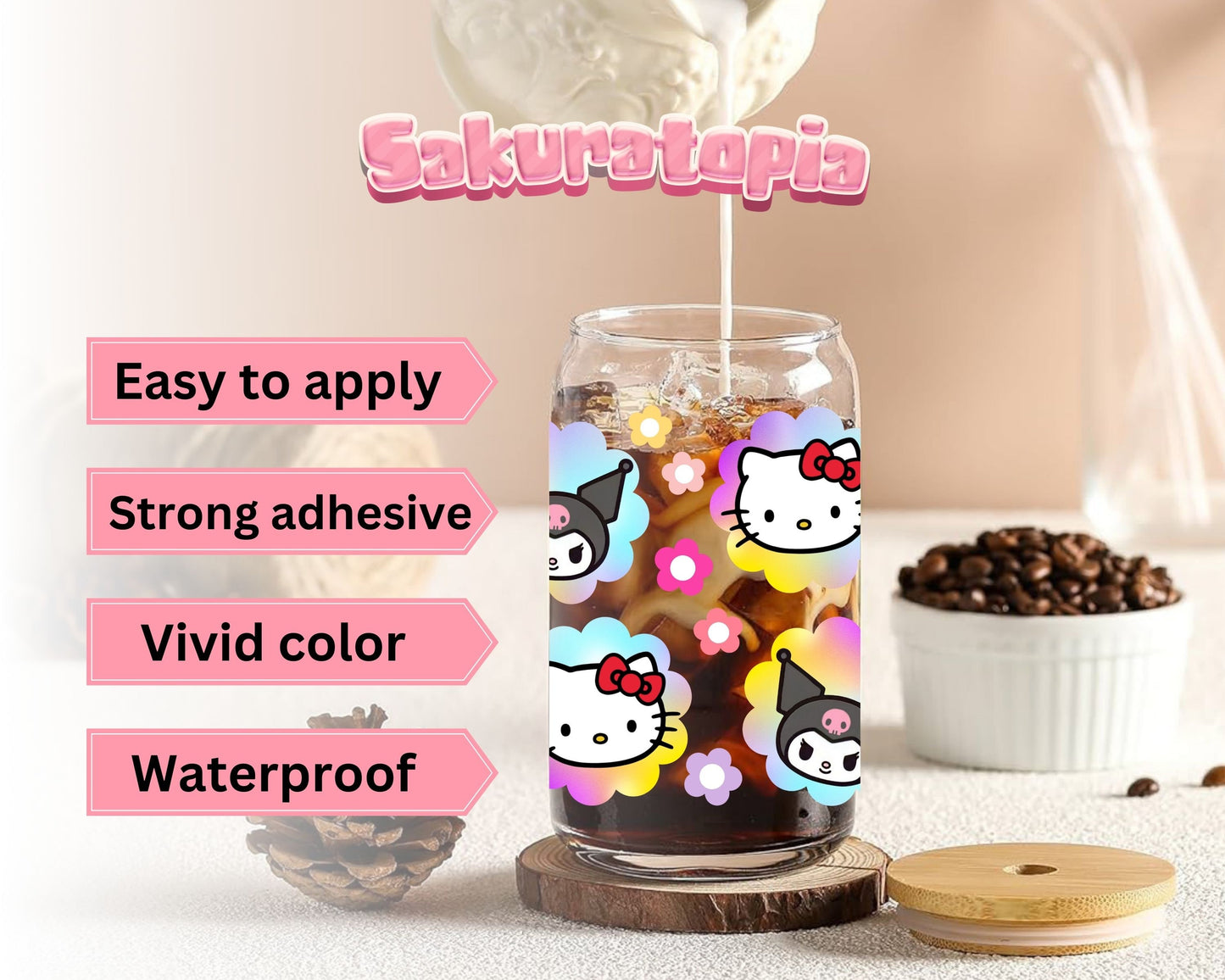 UVDTF Sanrio Anime Cup Wrap, Ready to Use Glass Cup UVDTF transfers for Glass Can | Ready to Apply UVDTF wraps for Libbey Glass
