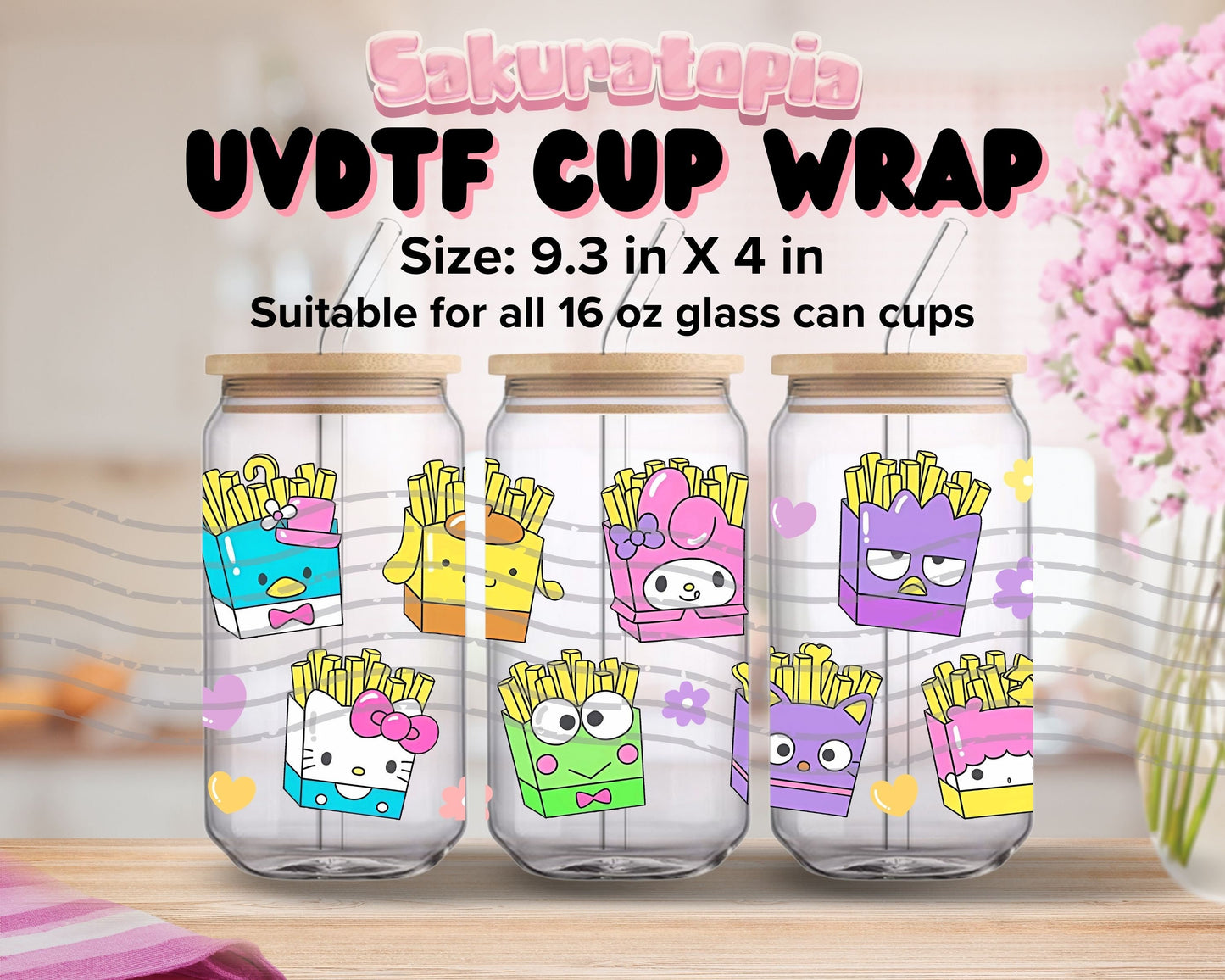 UVDTF Sanrio Anime Cup Wrap, Ready to Use Glass Cup UVDTF transfers for Glass Can | Ready to Apply UVDTF wraps for Libbey Glass