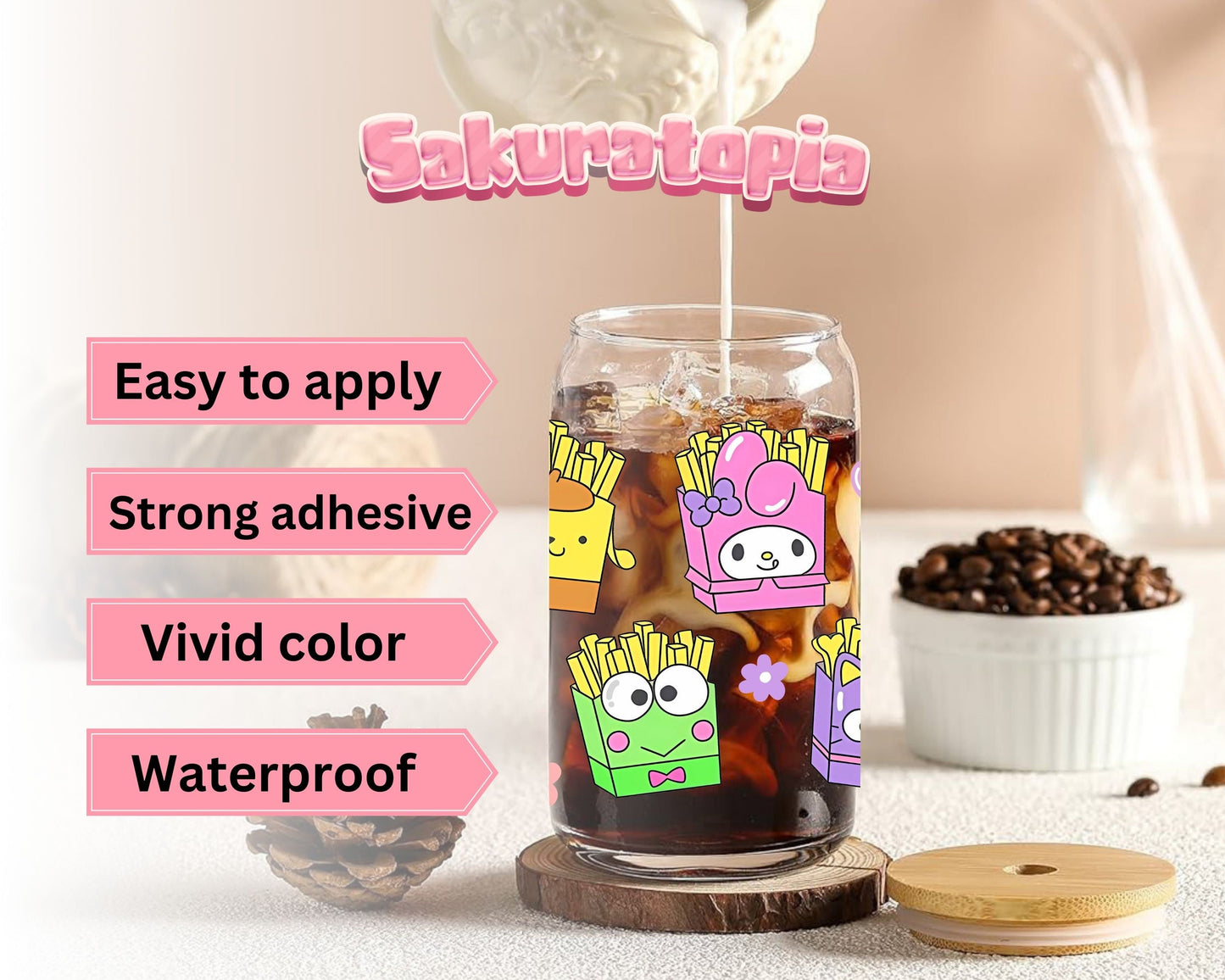 UVDTF Sanrio Anime Cup Wrap, Ready to Use Glass Cup UVDTF transfers for Glass Can | Ready to Apply UVDTF wraps for Libbey Glass