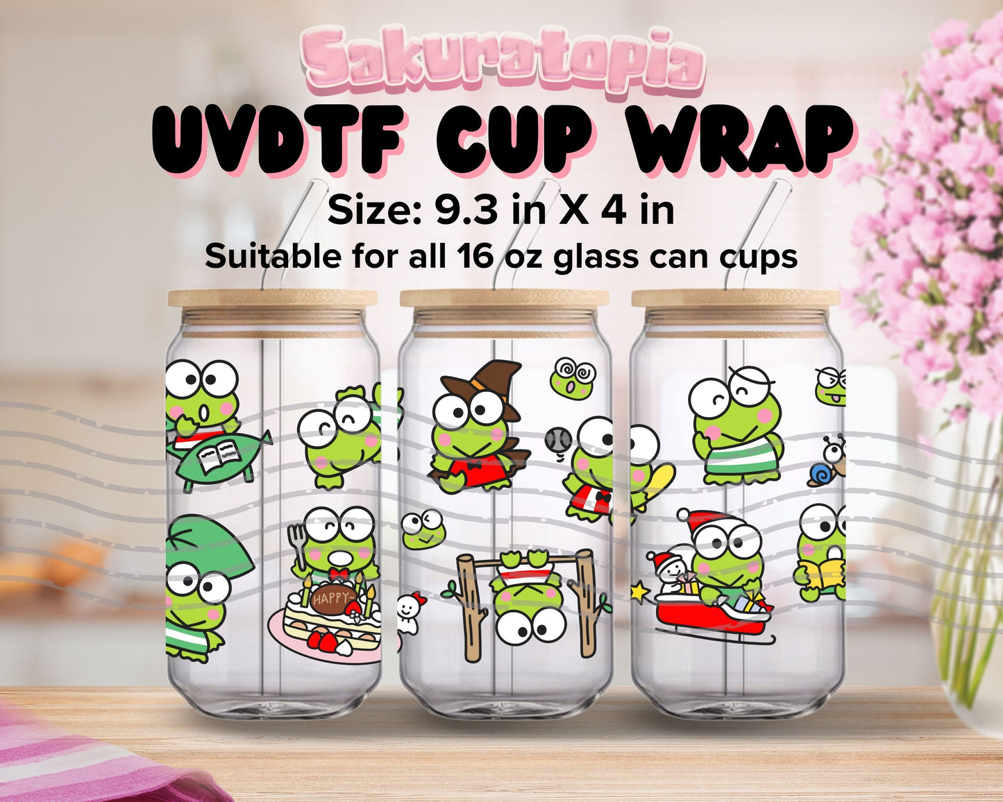 UVDTF Sanrio Anime Cup Wrap, Ready to Use Glass Cup UVDTF transfers for Glass Can | Ready to Apply UVDTF wraps for Libbey Glass