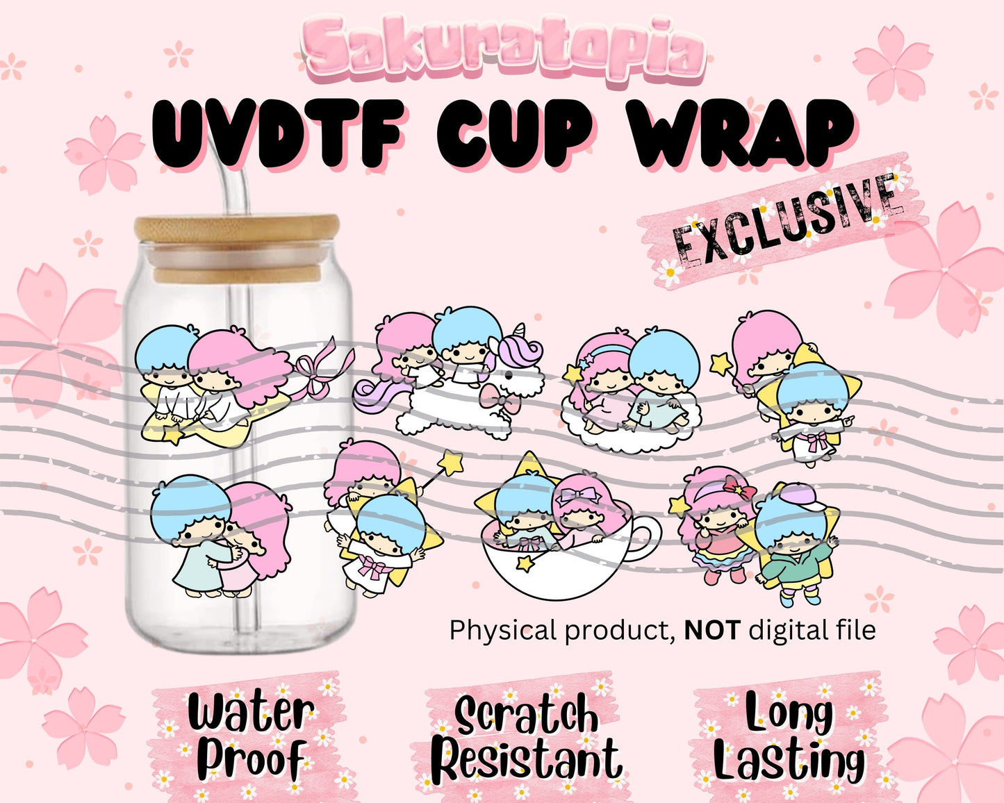 UVDTF Sanrio Anime Cup Wrap, Ready to Use Glass Cup UVDTF transfers for Glass Can | Ready to Apply UVDTF wraps for Libbey Glass