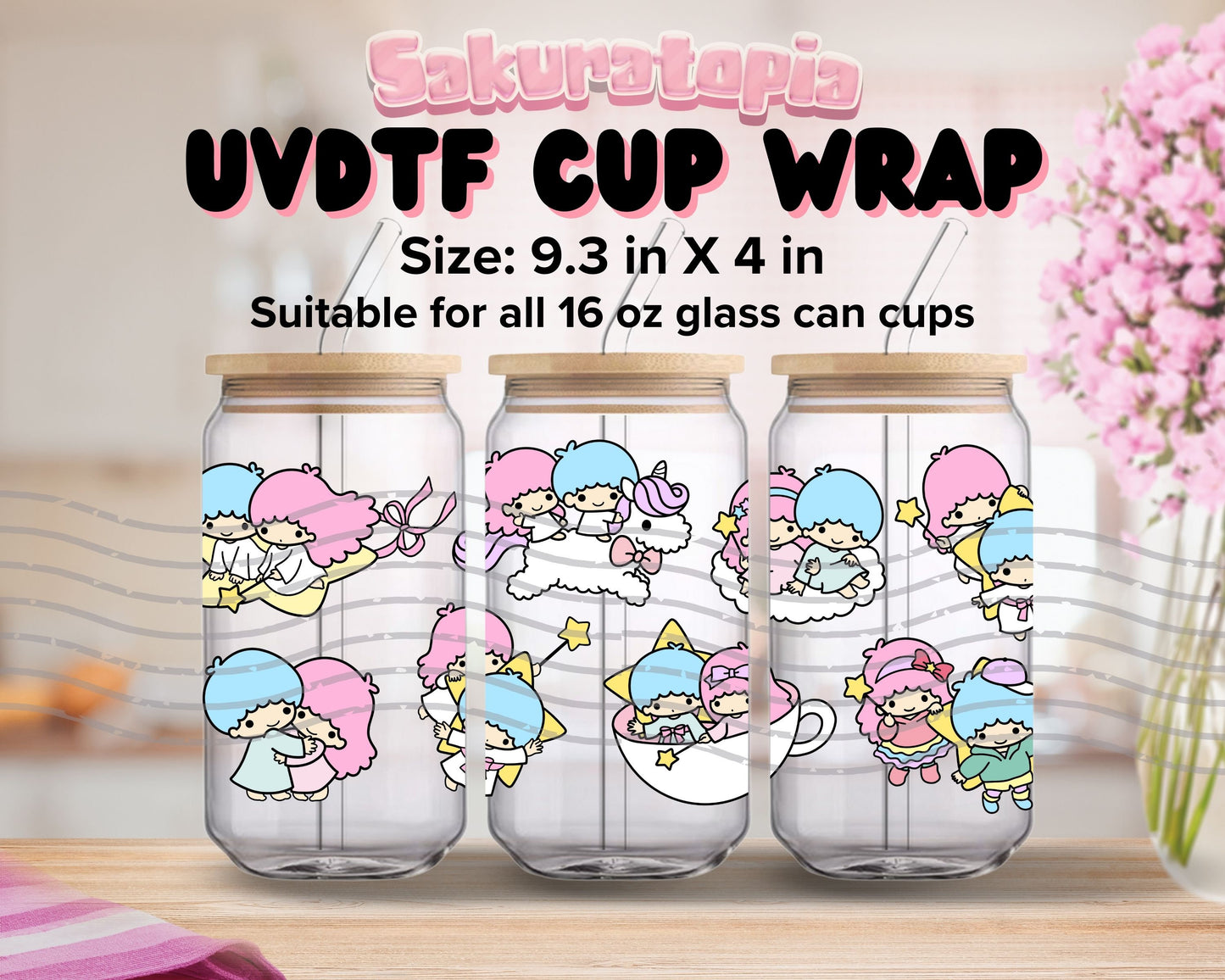 UVDTF Sanrio Anime Cup Wrap, Ready to Use Glass Cup UVDTF transfers for Glass Can | Ready to Apply UVDTF wraps for Libbey Glass
