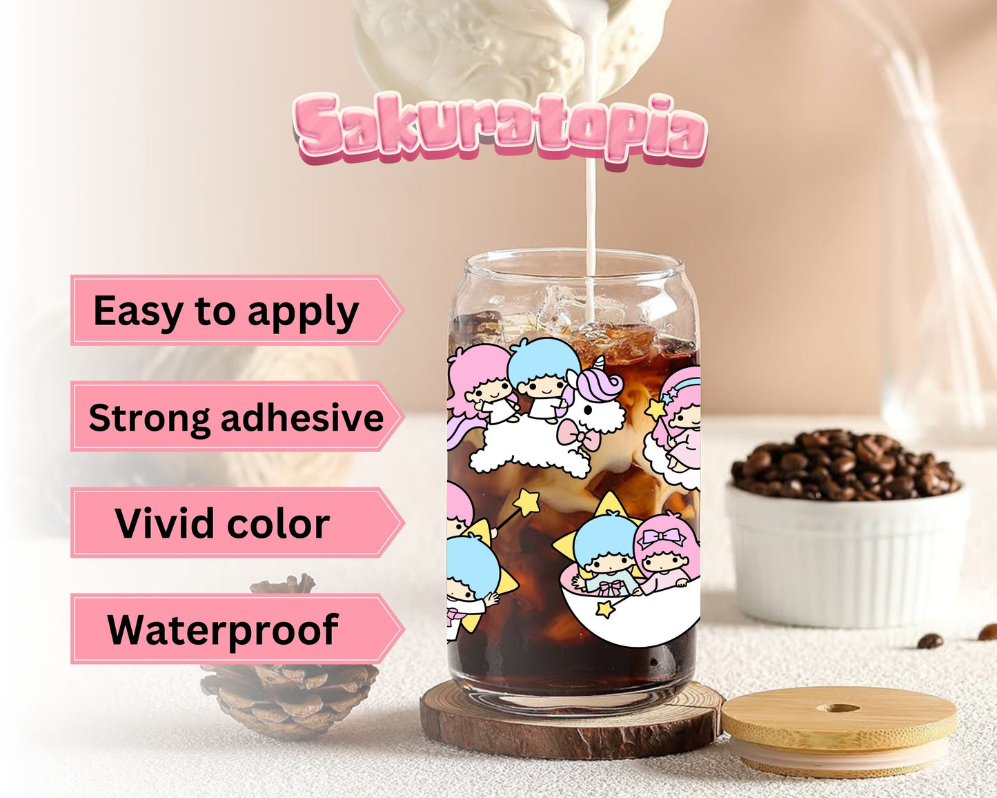 UVDTF Sanrio Anime Cup Wrap, Ready to Use Glass Cup UVDTF transfers for Glass Can | Ready to Apply UVDTF wraps for Libbey Glass