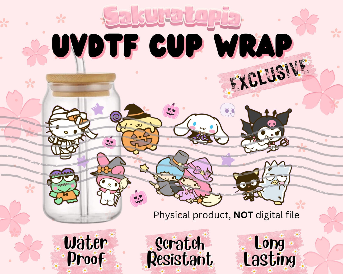 UVDTF Sanrio Anime Cup Wrap, Ready to Use Glass Cup UVDTF transfers for Glass Can | Ready to Apply UVDTF wraps for Libbey Glass