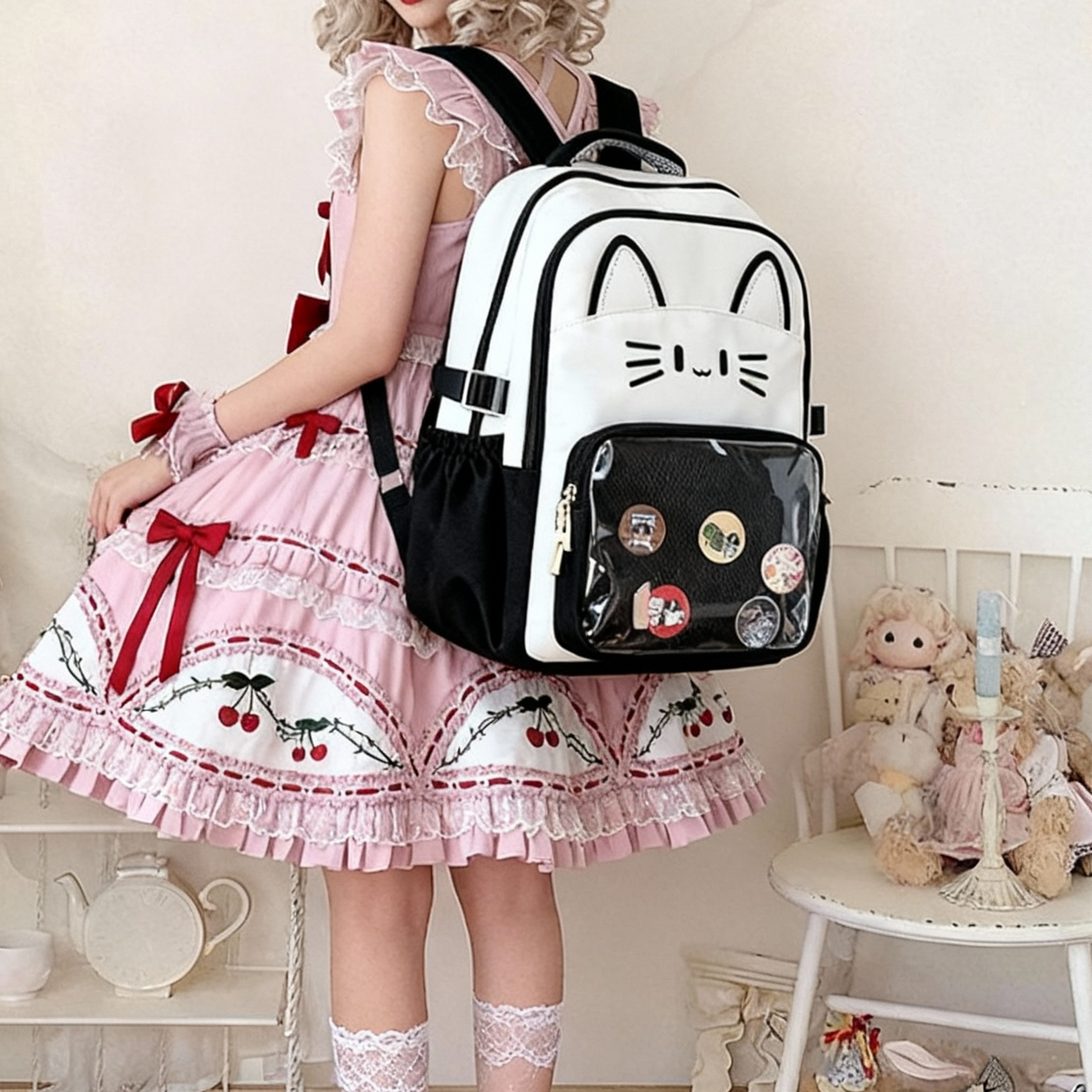 CatFace ita backpack, kawaii ita ba, enamel pin display bag, anime convention bag,  clear window ita backpack, kawaii school backpack