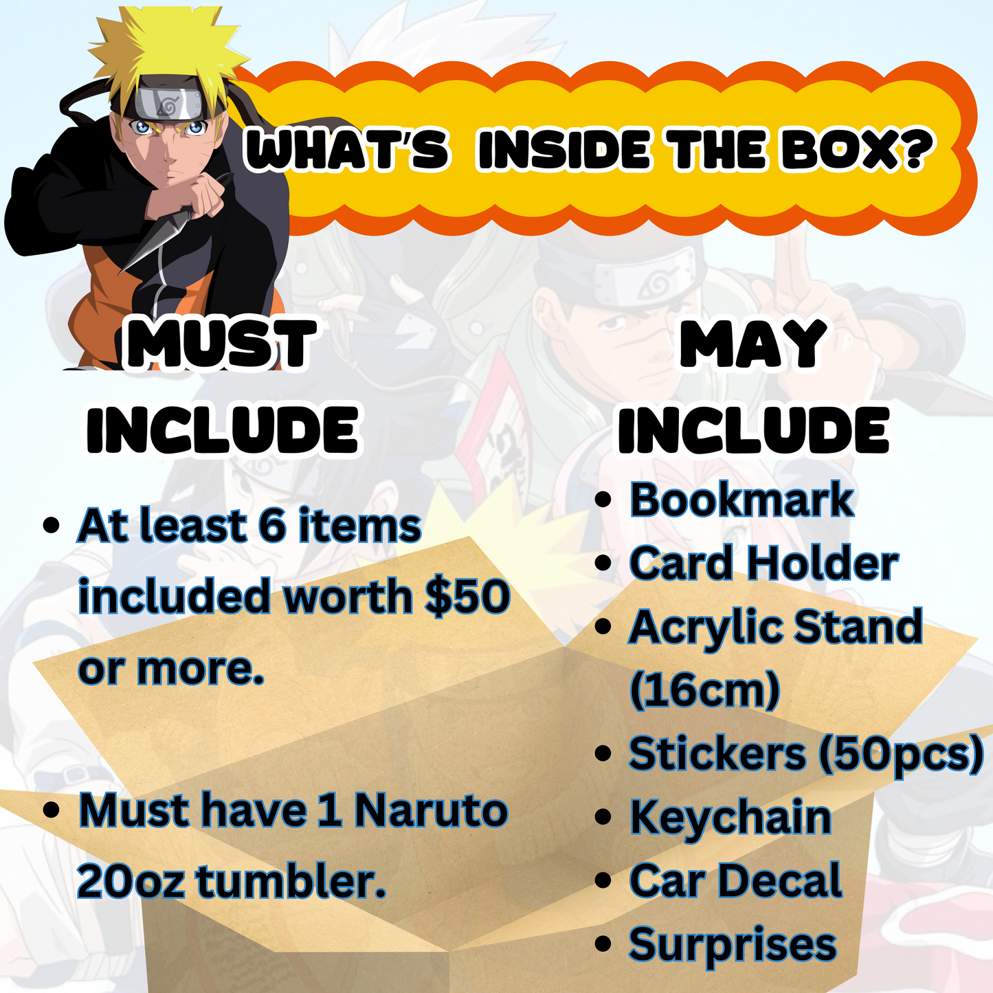 Blind Date with Naruto Mystery Box – 20oz Tumbler + 5 Surprise Naruto Merch Items