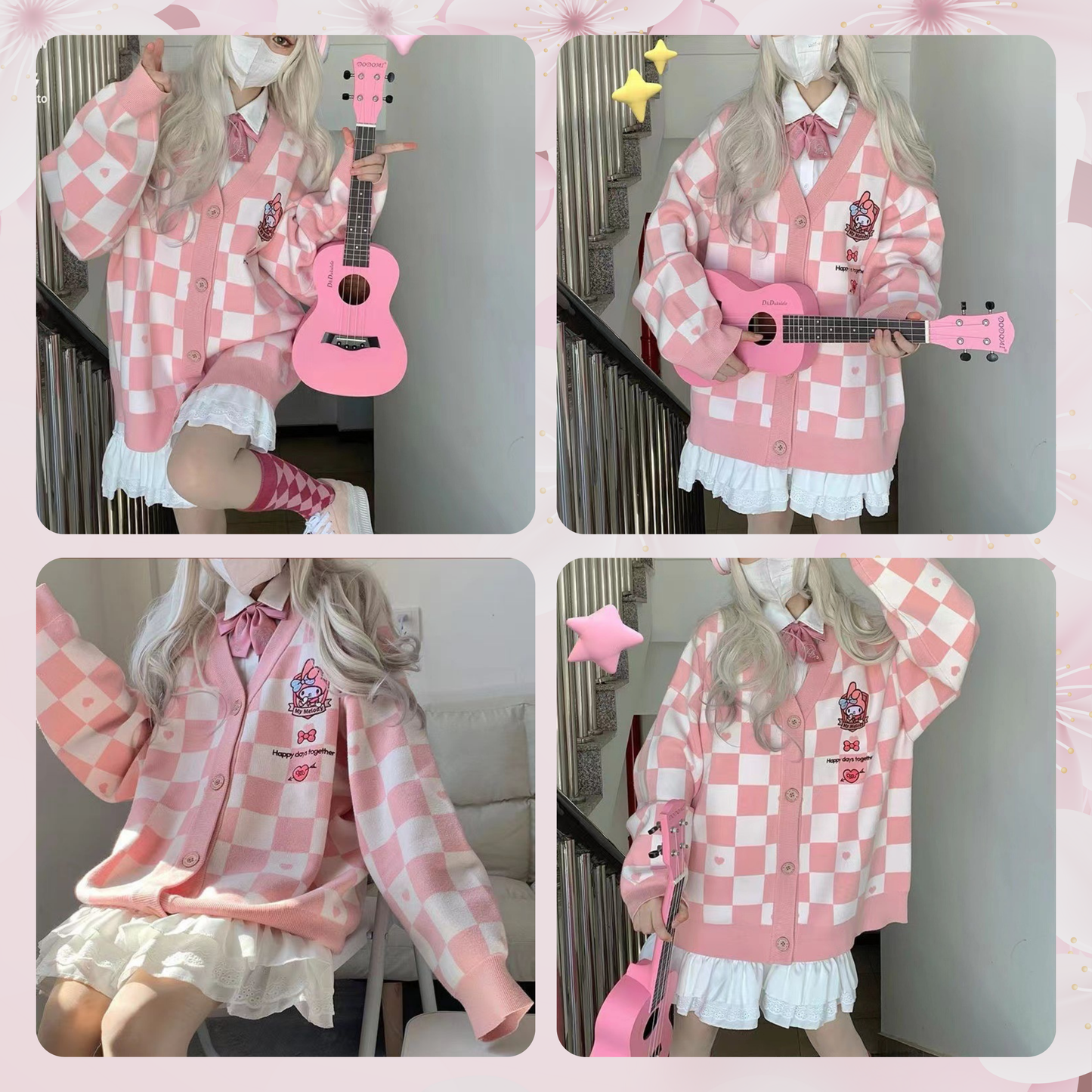 One Sized/Unisize Sanrio Checkered Cardigan, Cute Sweater Cardigan Cartoon, Embroidery Checkerboard Heart sweater, Student Uniform style