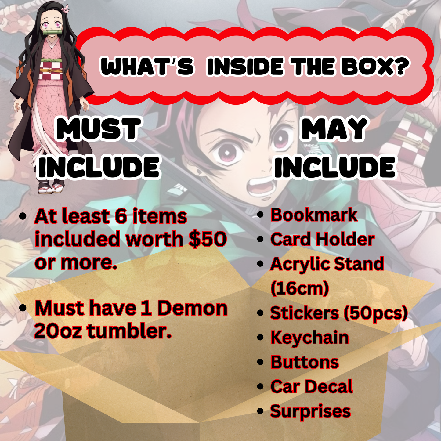 Blind Date with Demon Slayer  Mystery Box – 20oz Tumbler + 5 Surprise Demon Slayer Items