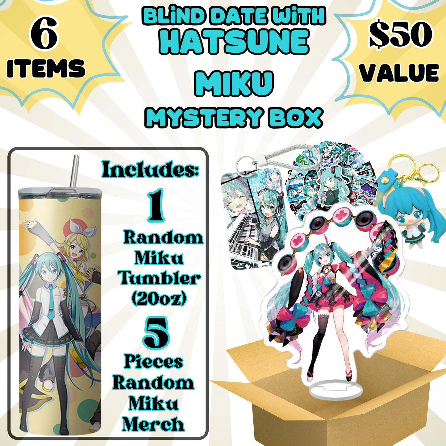 Blind Date with Miku Mystery Box – 20oz Tumbler + 5 Surprise Miku Merch Items