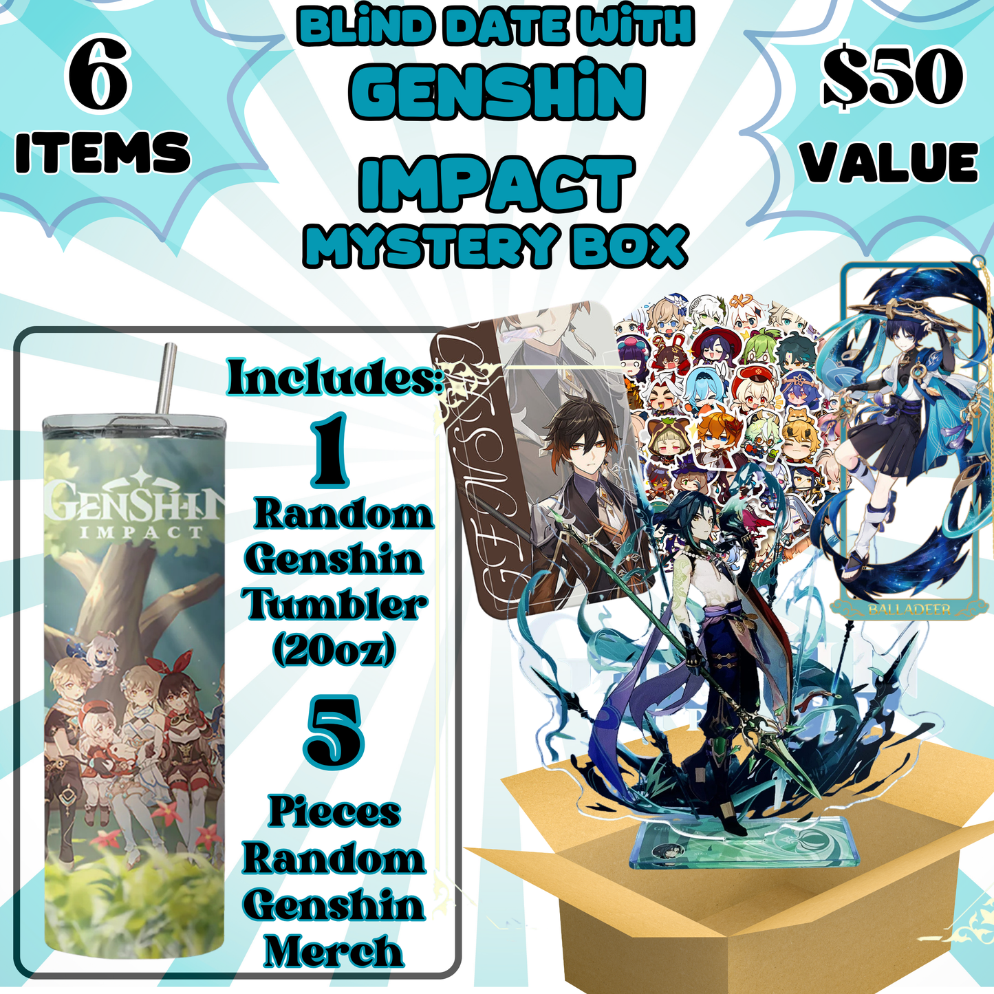 Blind Date with Genshin Impact Mystery Box – 20oz Tumbler + 5 Surprise Genshin Impact Merch Items
