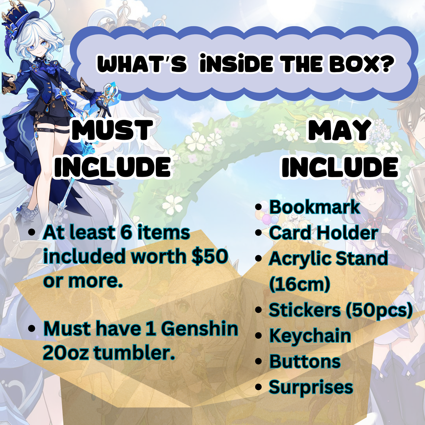 Blind Date with Genshin Impact Mystery Box – 20oz Tumbler + 5 Surprise Genshin Impact Merch Items