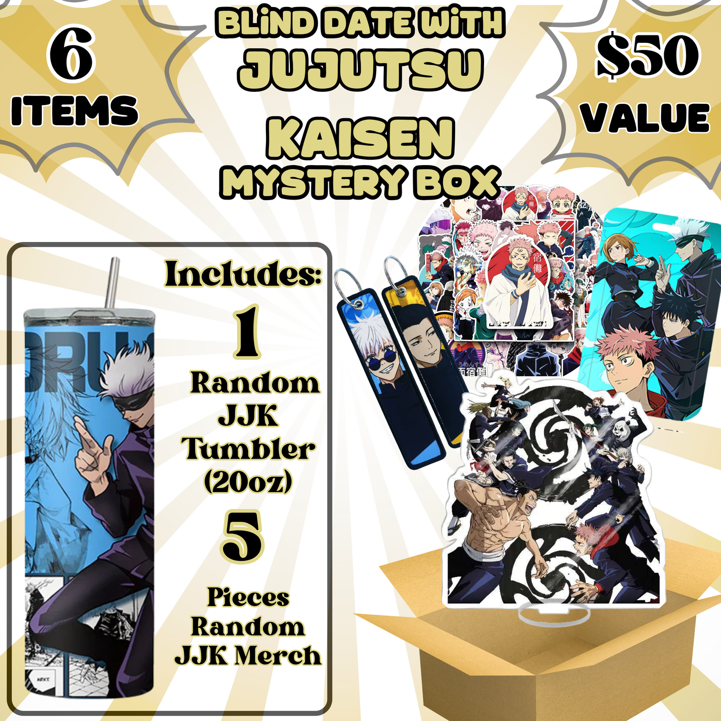 Blind Date with Jujutsu Kaisen Mystery Box – 20oz Tumbler + 5 Surprise Jujutsu Kaisen Merch Items