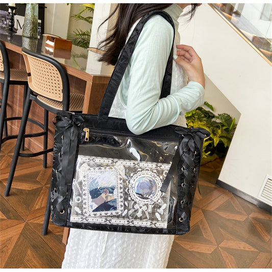 Black & White  Tote Bag Silk Ribbon Shoulder ITA Bags, Transparent Window Large Capacity Handbag Purse