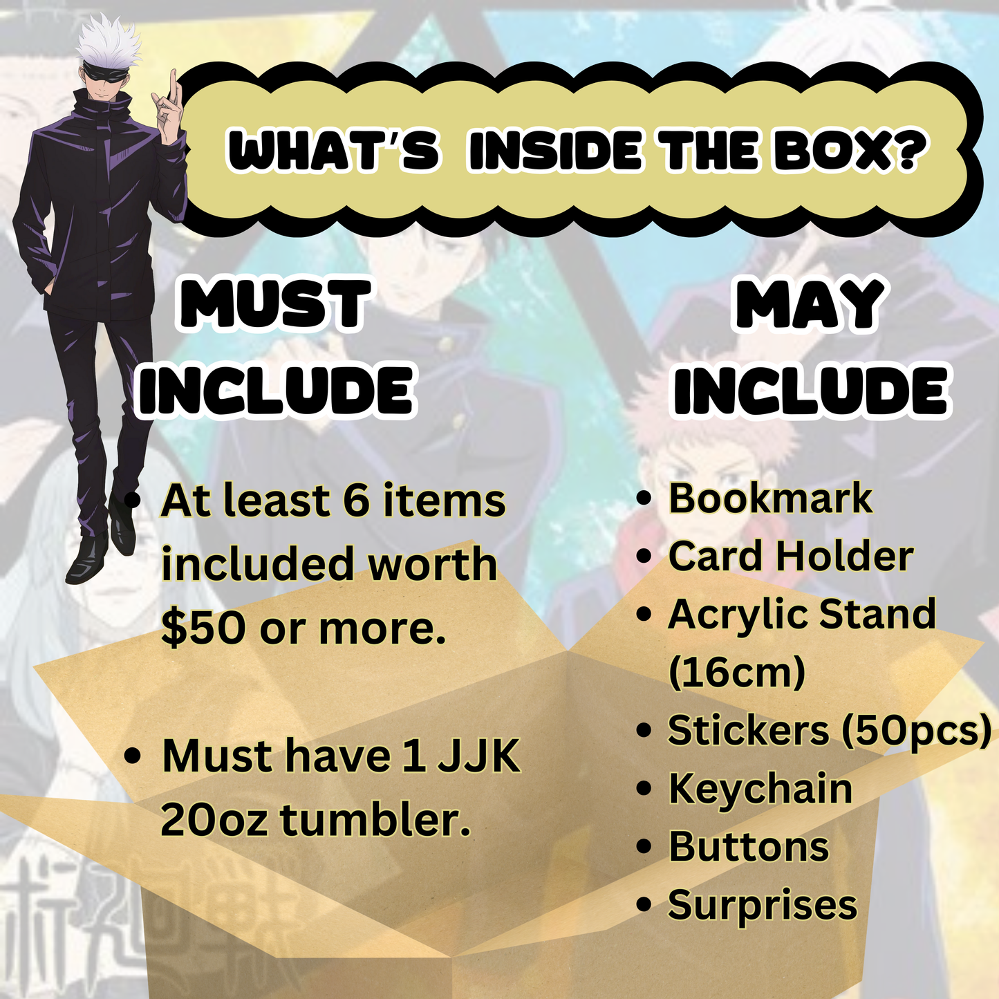 Blind Date with Jujutsu Kaisen Mystery Box – 20oz Tumbler + 5 Surprise Jujutsu Kaisen Merch Items