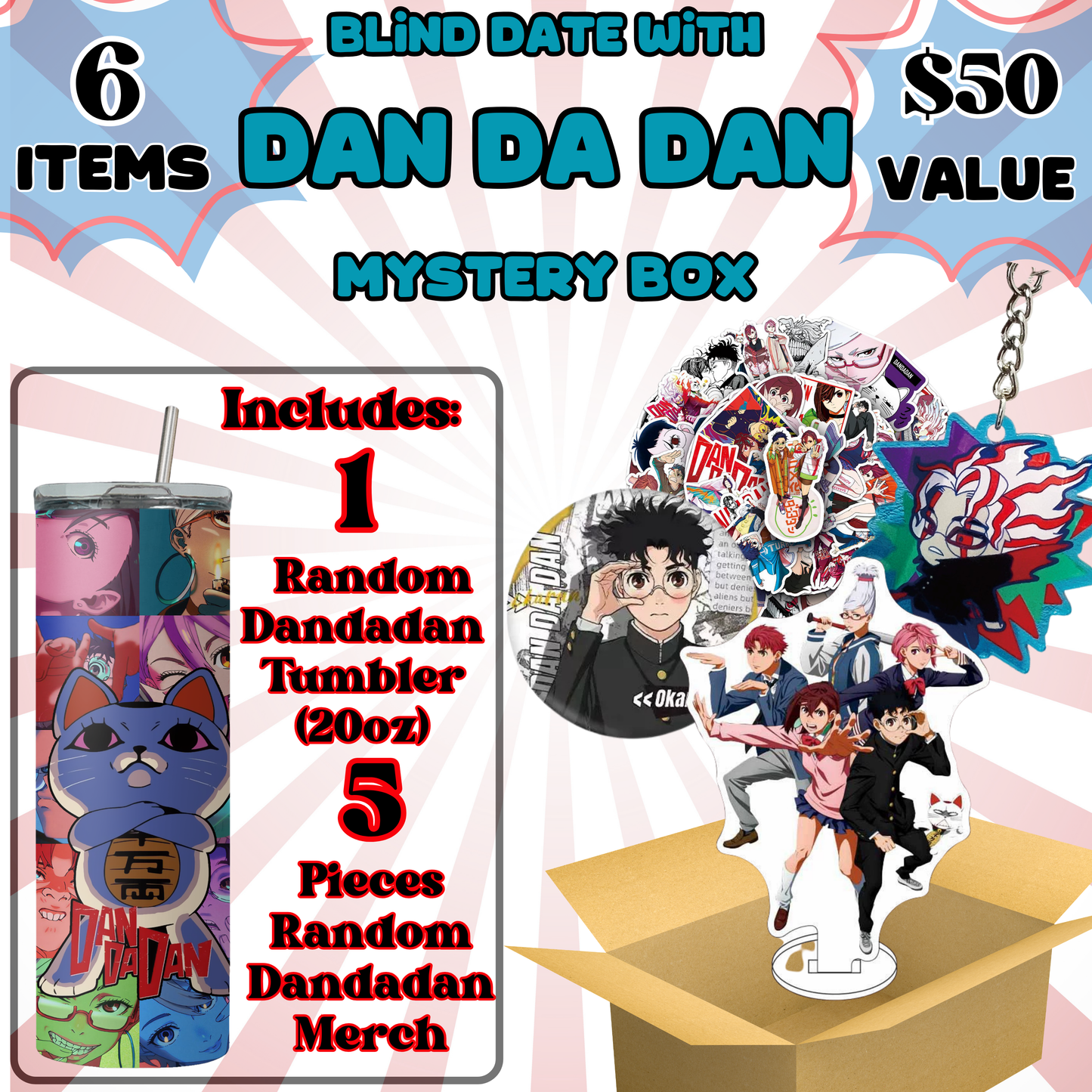 Blind Date with Dan Da Dan Mystery Box – 20oz Tumbler + 5 Surprise Dan Da Dan Merch Items