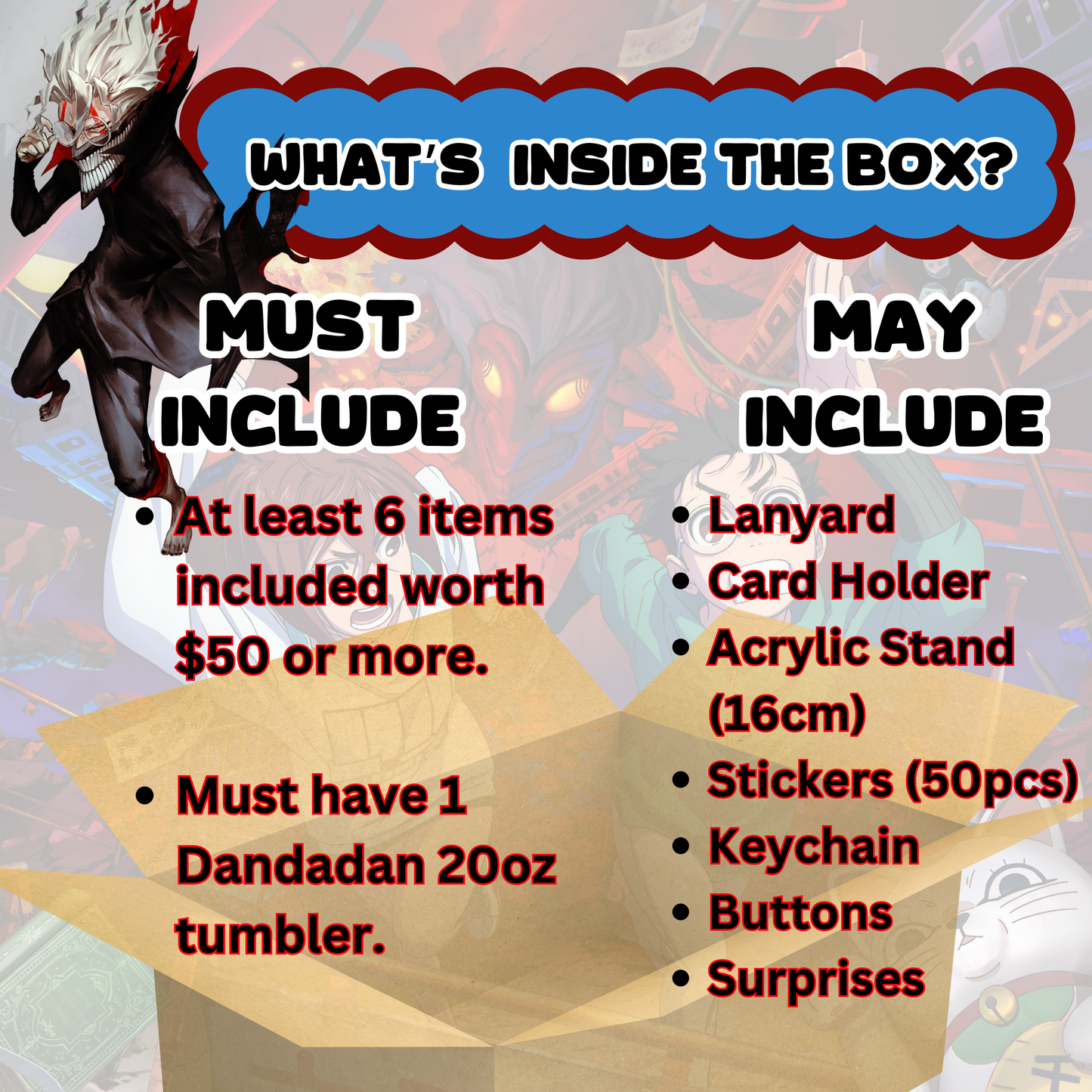 Blind Date with Dan Da Dan Mystery Box – 20oz Tumbler + 5 Surprise Dan Da Dan Merch Items