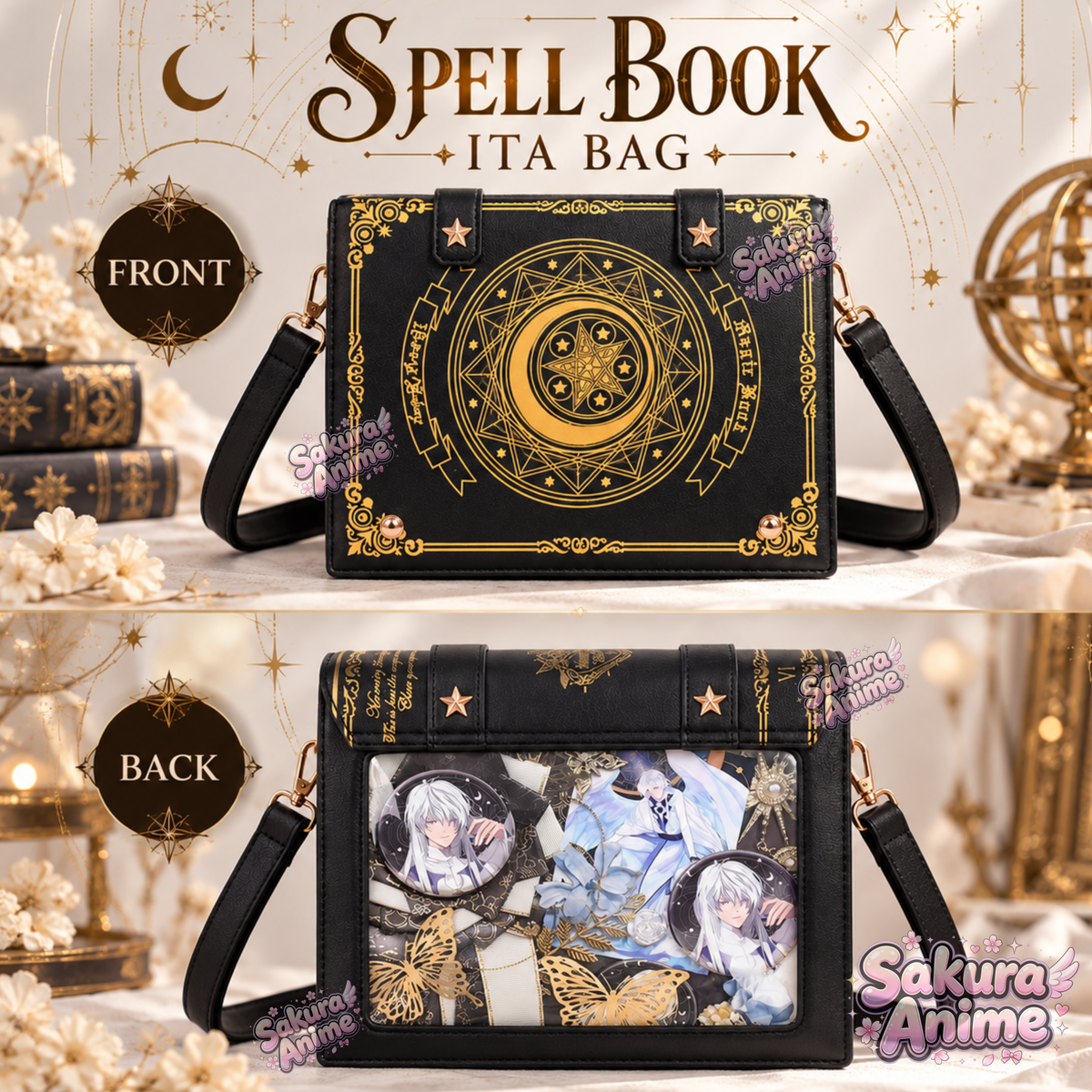 Spell book ita bag, anime ita bag, kawaii display bag, enamel pin ita bag, witchy ita bag, fantasy cosplay bag, kawaii ita crossbody