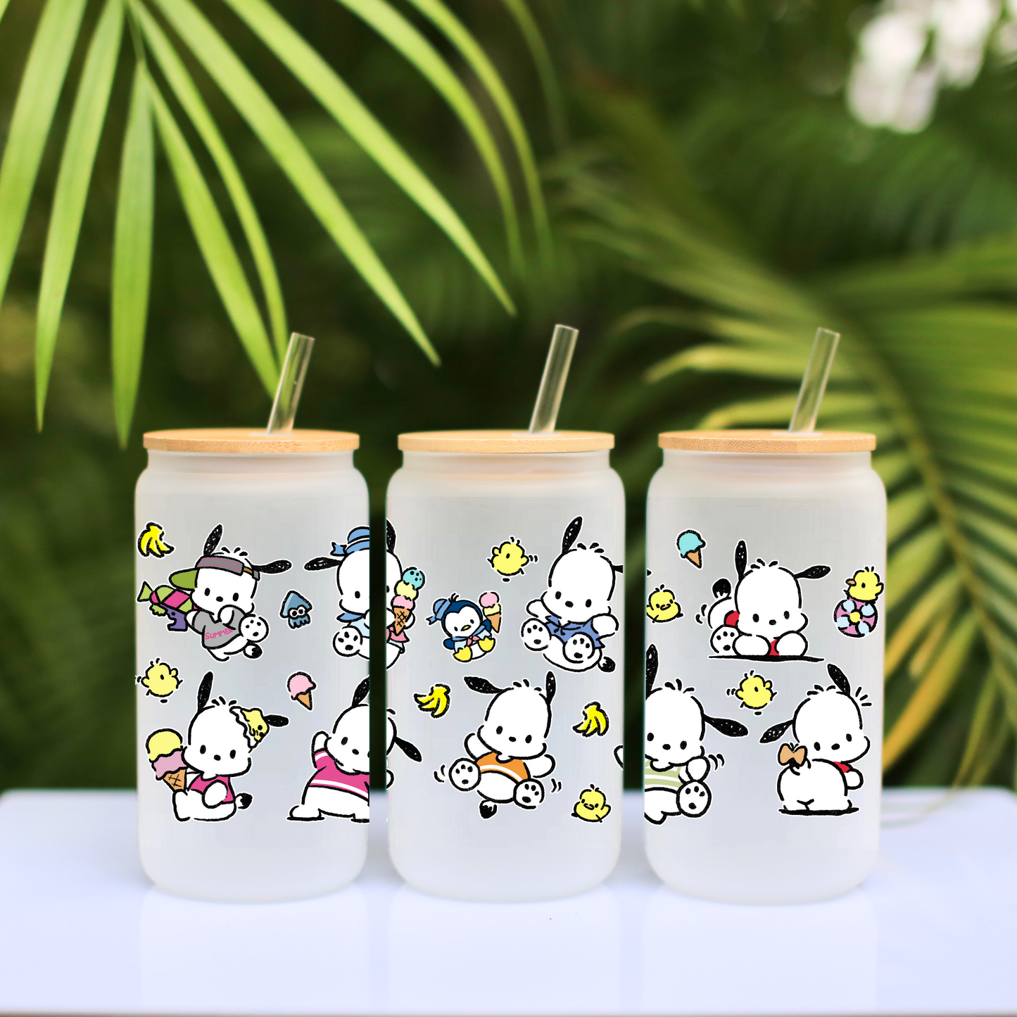 Pochacco Anime 16oz Beer Can Glass with Straw and Lid