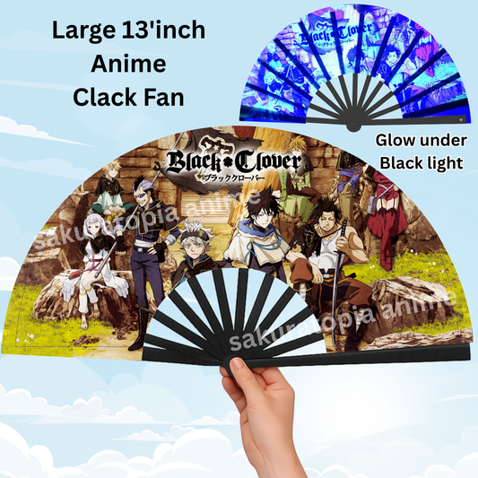 Black Clover Anime Clack Fan, Anime Rave Clack Fan, Anime Party Clack Fan, Club fan, UV glow fan, Snap fan, festival fan, 13 inch Fan