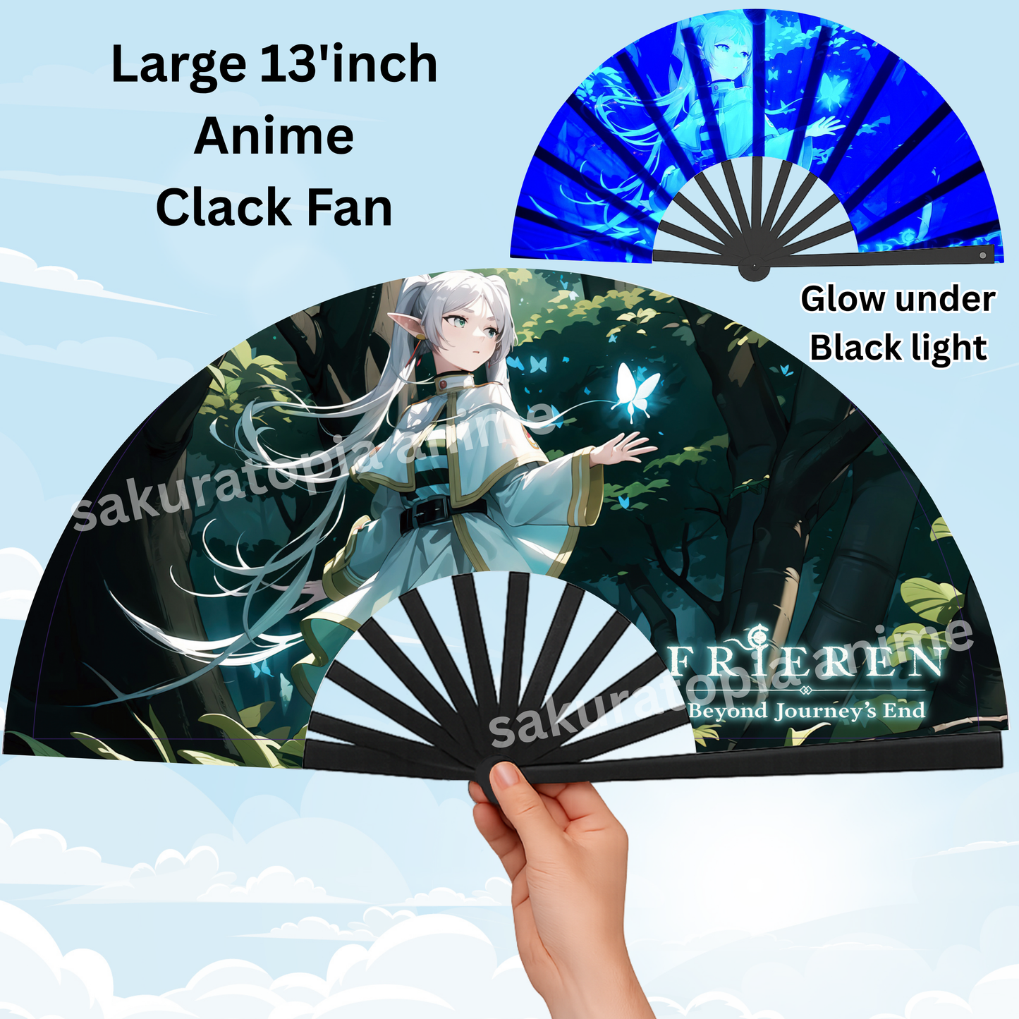 Frieren Anime Clack Fan, Anime Rave Clack Fan, Anime Party Clack Fan, Club fan, UV glow fan, Snap fan, festival fan, 13 inch Fan